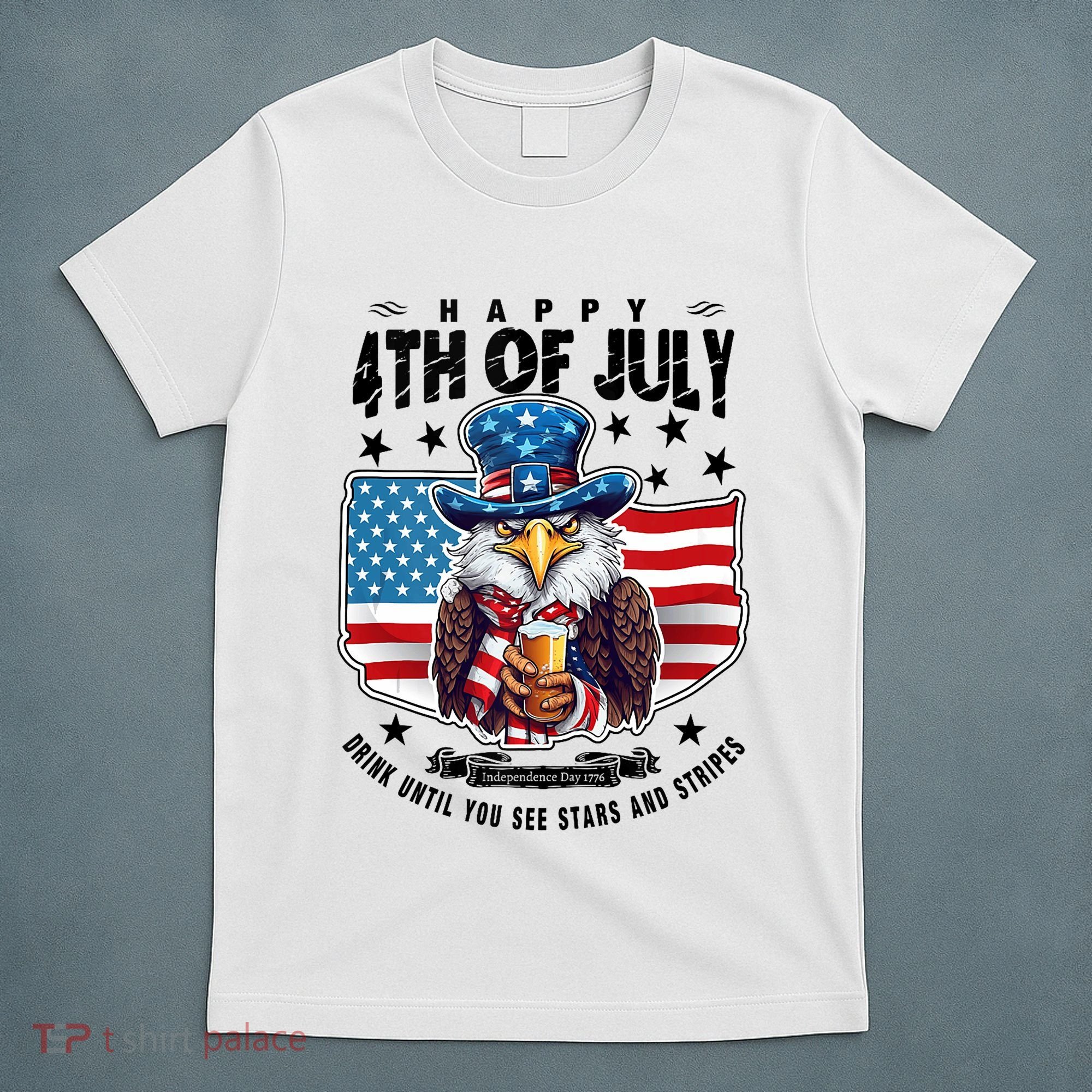 Happy 4th Of July Stars Stripes Usa Bald Eagle Beer Drinking T-Shirt