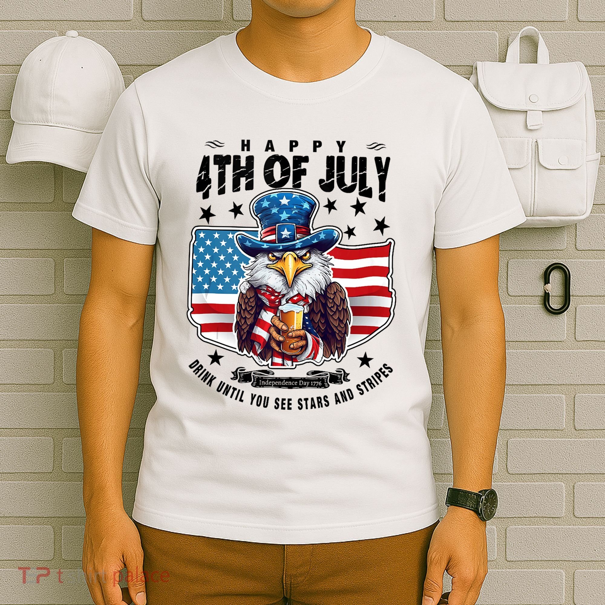Happy 4th Of July Stars Stripes Usa Bald Eagle Beer Drinking T-Shirt