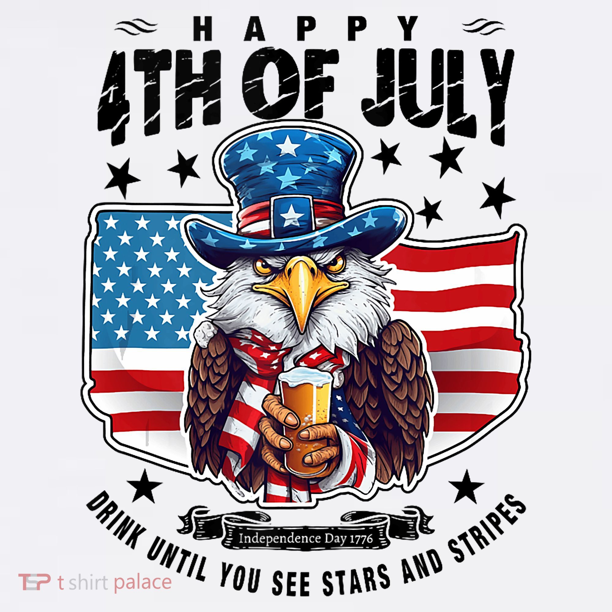Happy 4th Of July Stars Stripes Usa Bald Eagle Beer Drinking T-Shirt