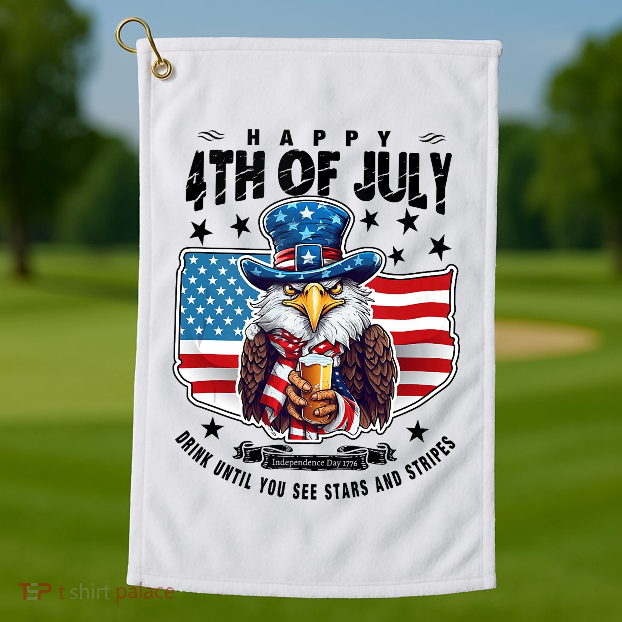 Happy 4th Of July Stars Stripes Usa Bald Eagle Beer Drinking Golf Towel