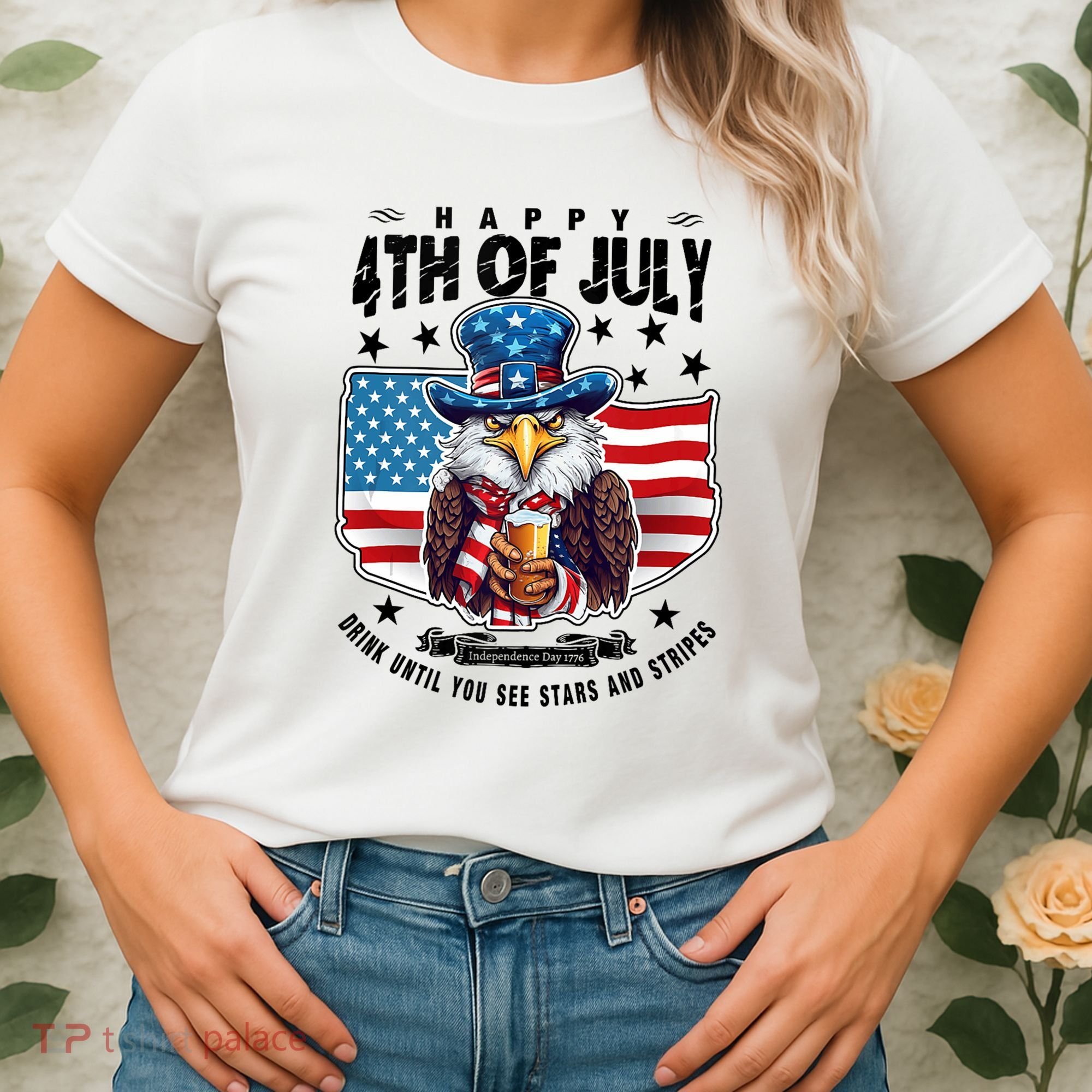 Happy 4th Of July Stars Stripes Usa Bald Eagle Beer Drinking Women's T-Shirt