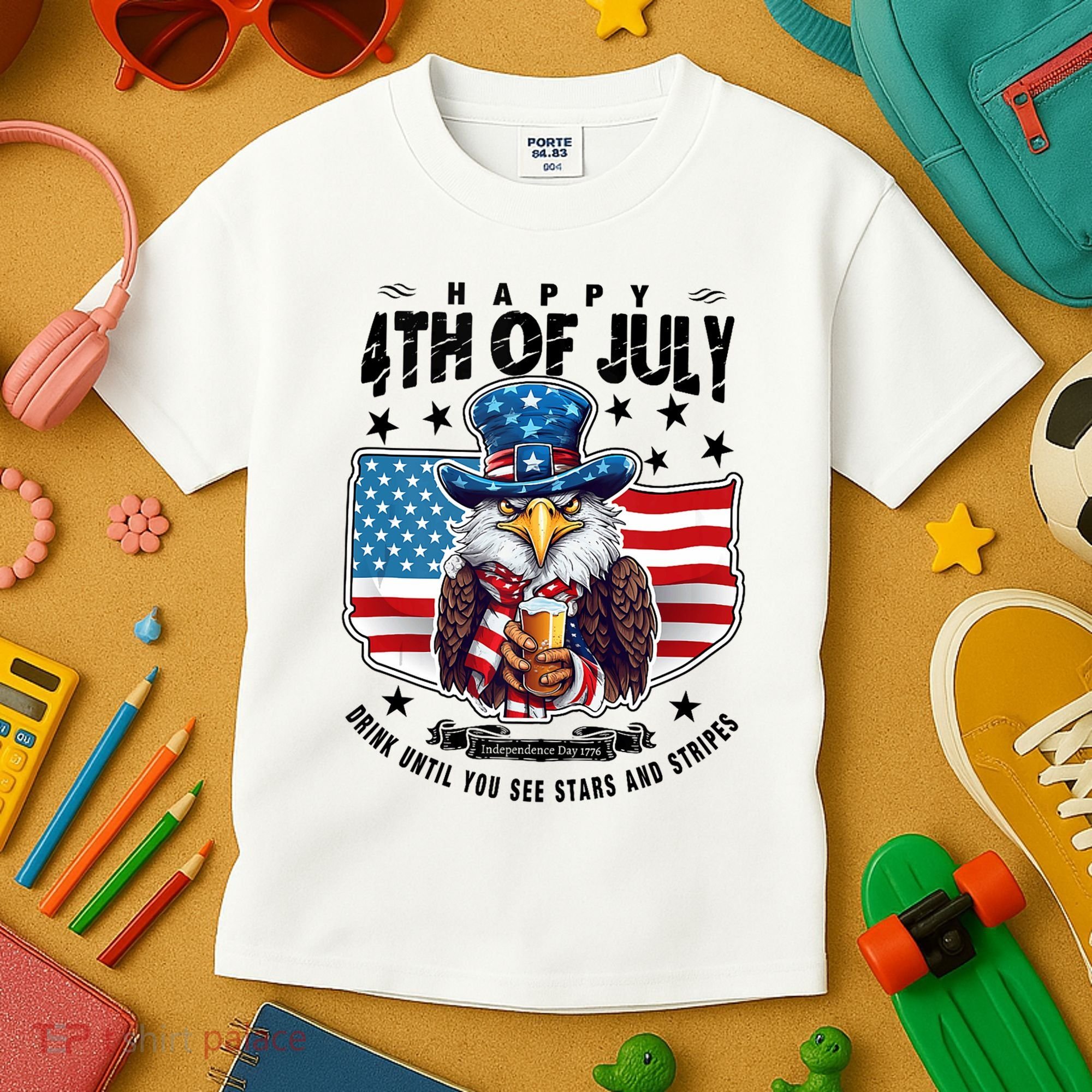 Happy 4th Of July Stars Stripes Usa Bald Eagle Beer Drinking Kids T-Shirt