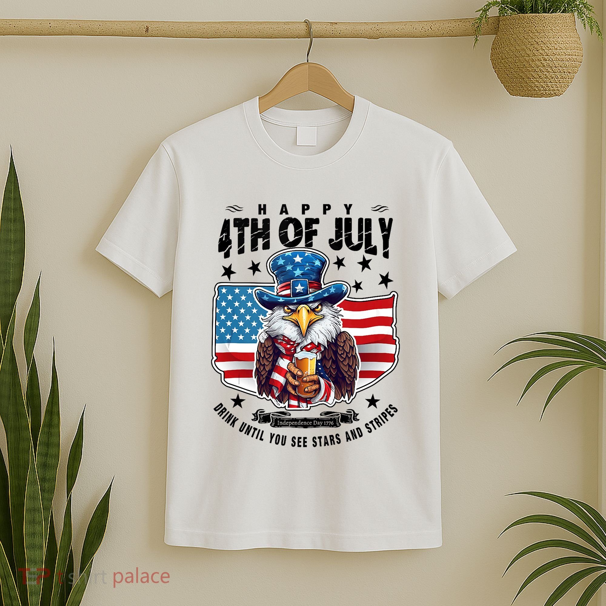 Happy 4th Of July Stars Stripes Usa Bald Eagle Beer Drinking T-Shirt