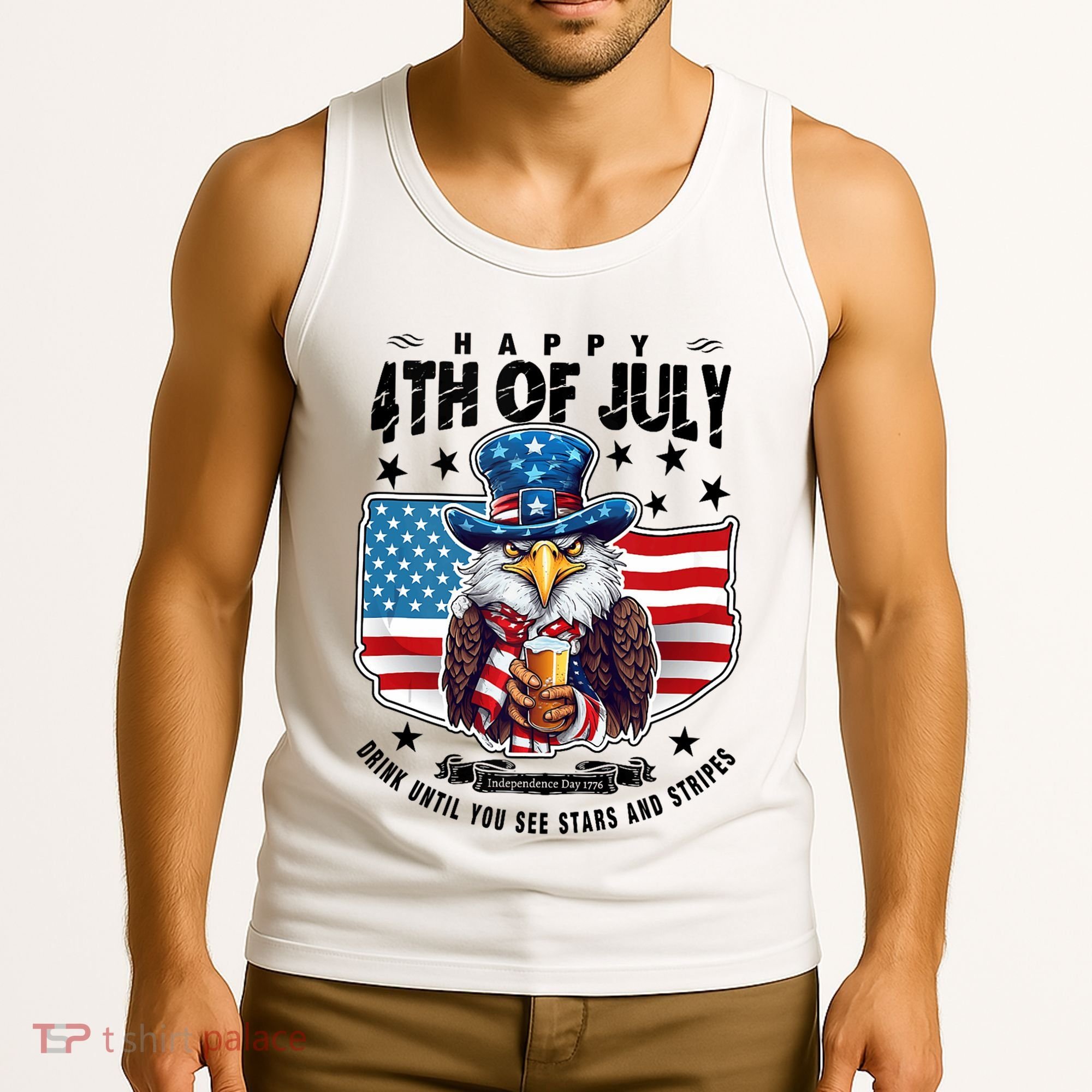 Happy 4th Of July Stars Stripes Usa Bald Eagle Beer Drinking Tank Top