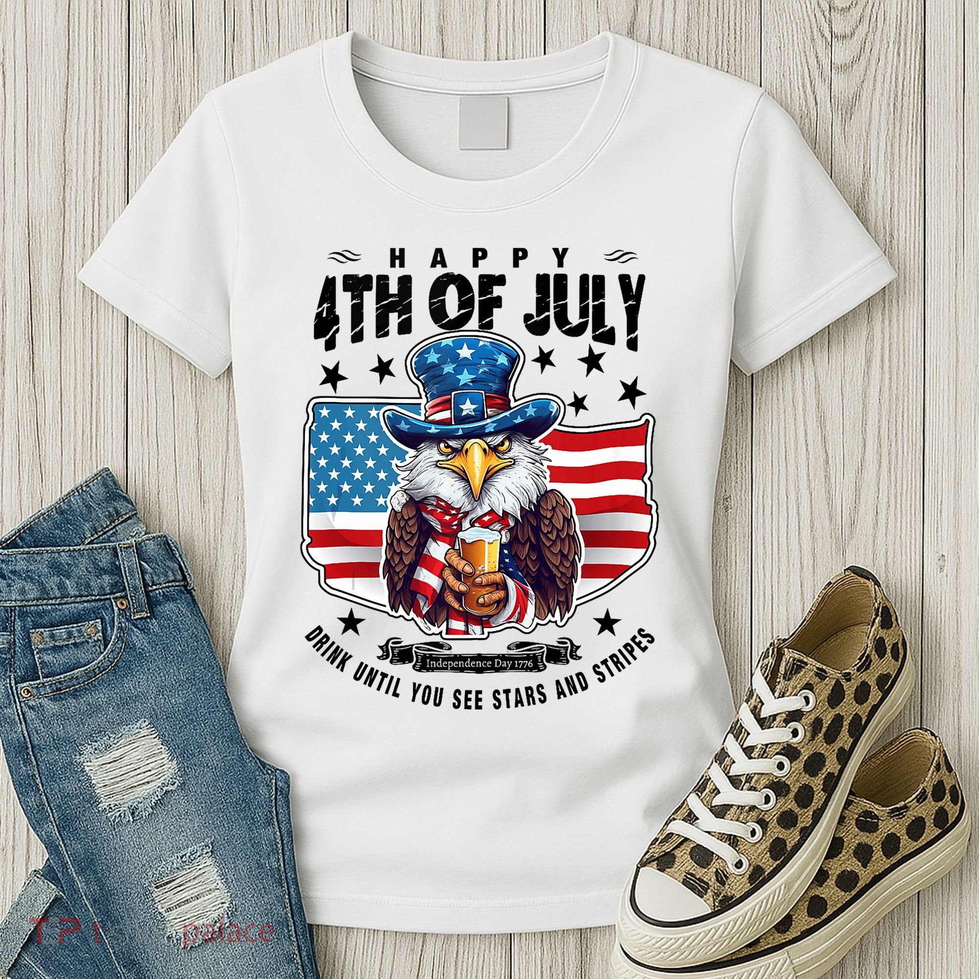 Happy 4th Of July Stars Stripes Usa Bald Eagle Beer Drinking Women's T-Shirt