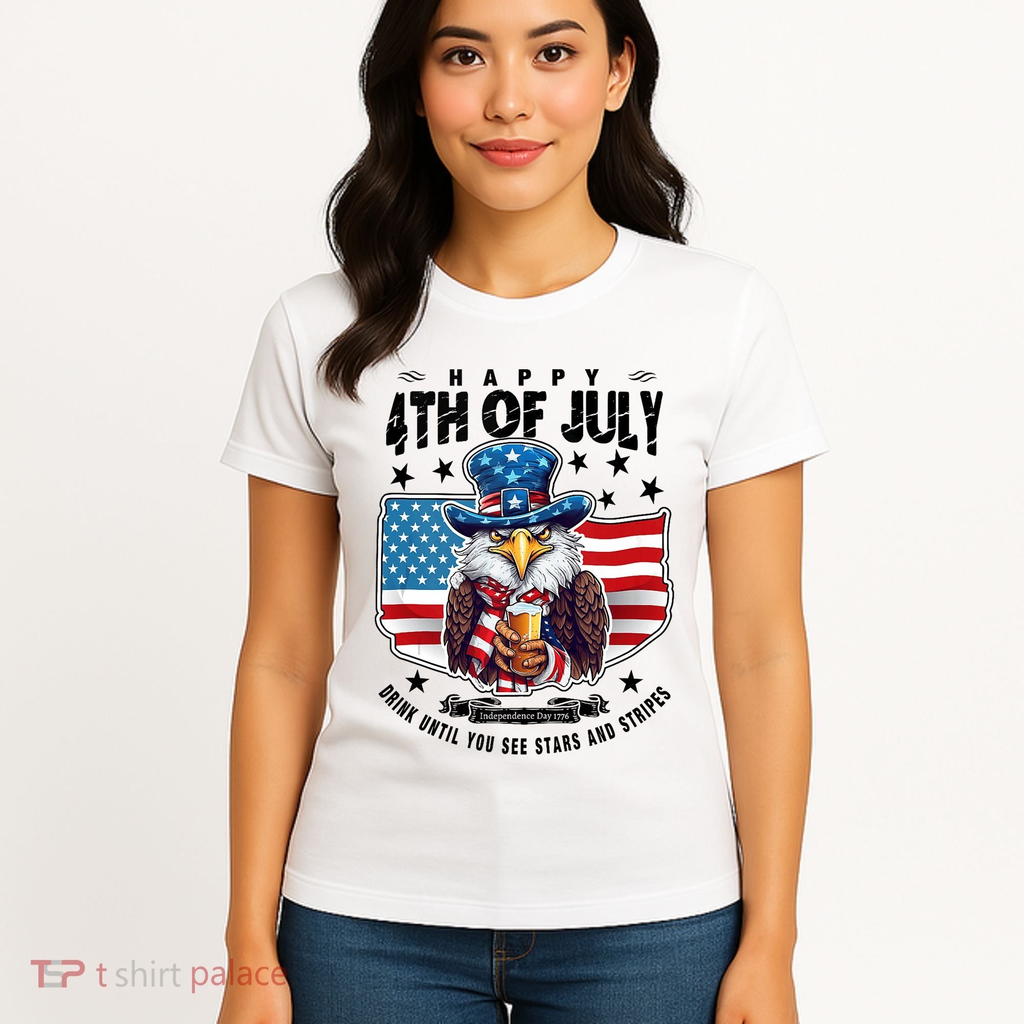 Happy 4th Of July Stars Stripes Usa Bald Eagle Beer Drinking Women's T-Shirt