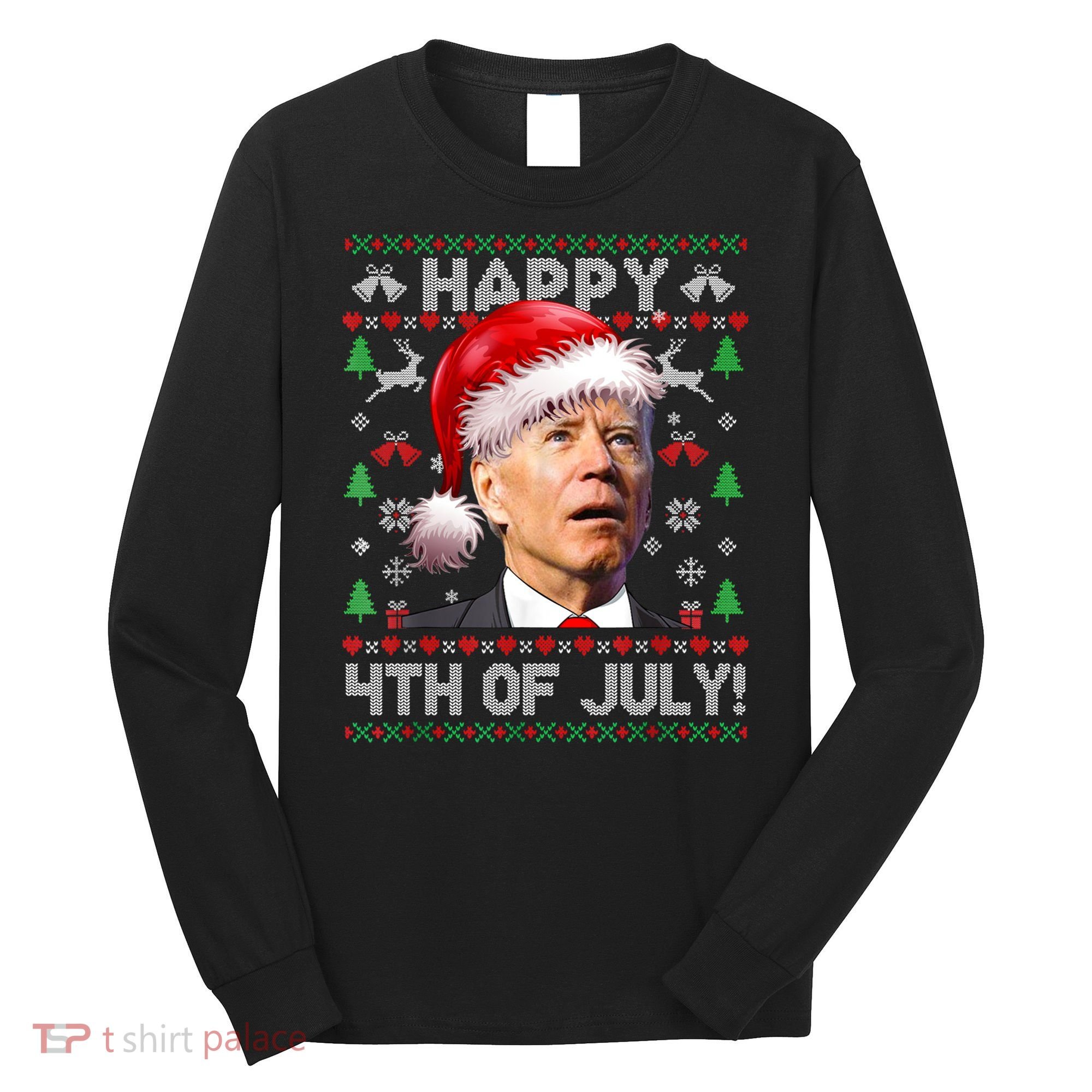 Happy 4th Of July Merry Santa Hat Biden Ugly Christmas Long Sleeve Shirt
