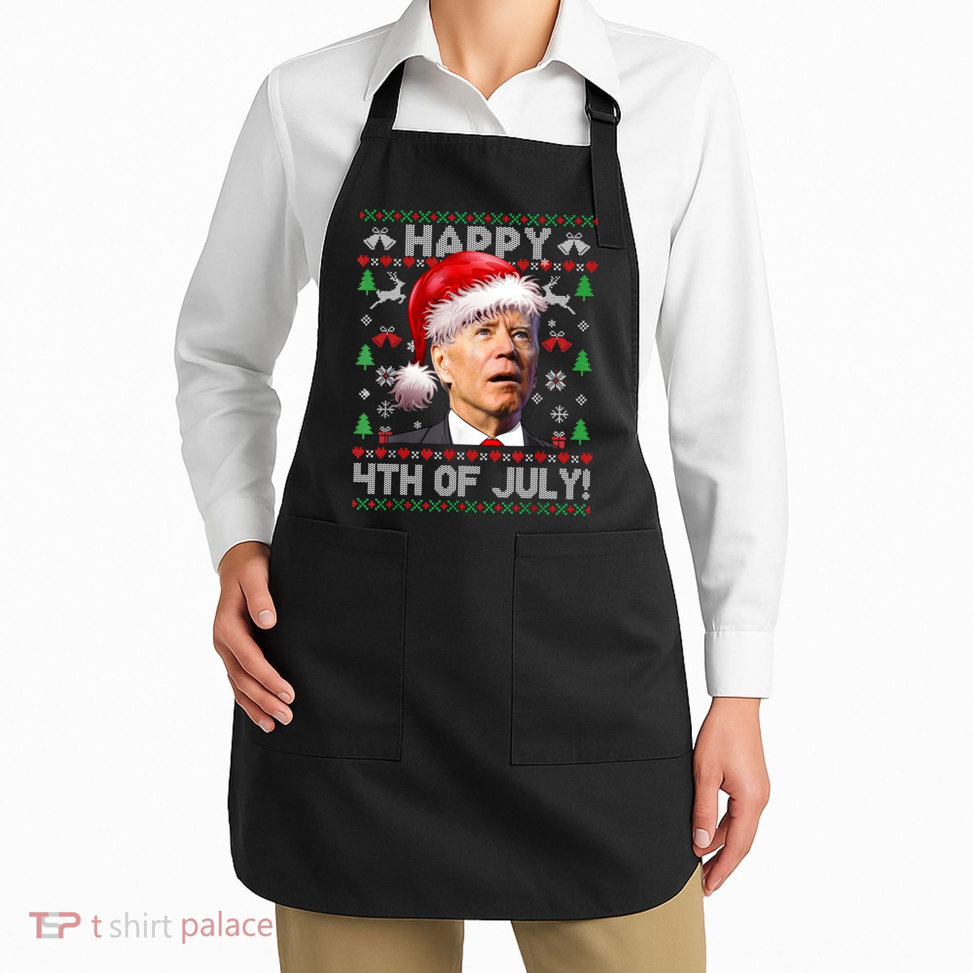 Happy 4th Of July Merry Santa Hat Biden Ugly Christmas Apron