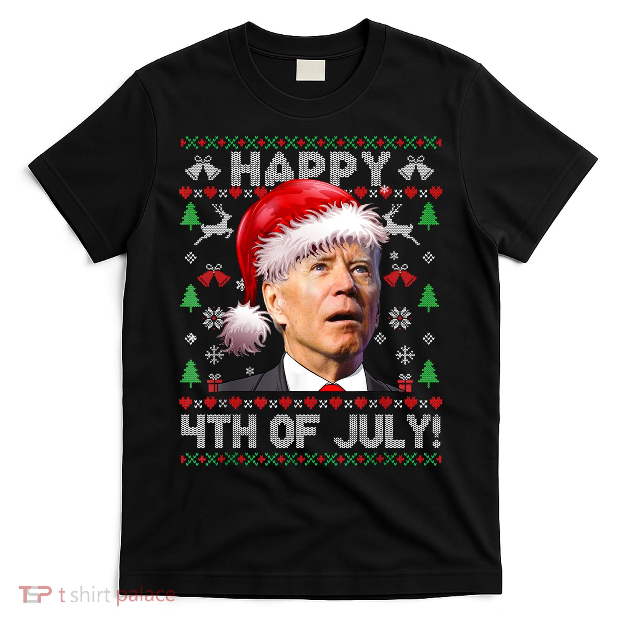 Happy 4th Of July Merry Santa Hat Biden Ugly Christmas T-Shirt