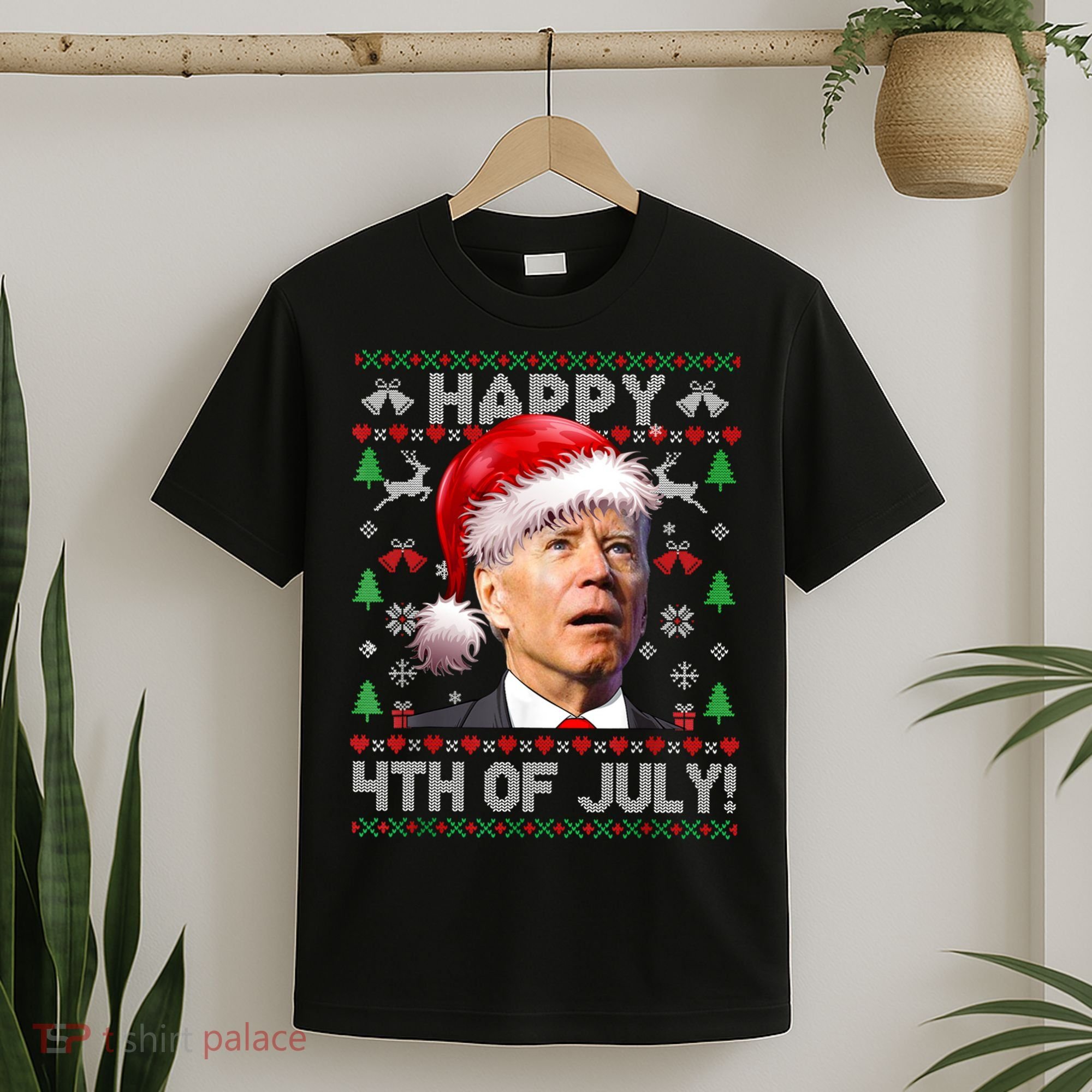 Happy 4th Of July Merry Santa Hat Biden Ugly Christmas T-Shirt