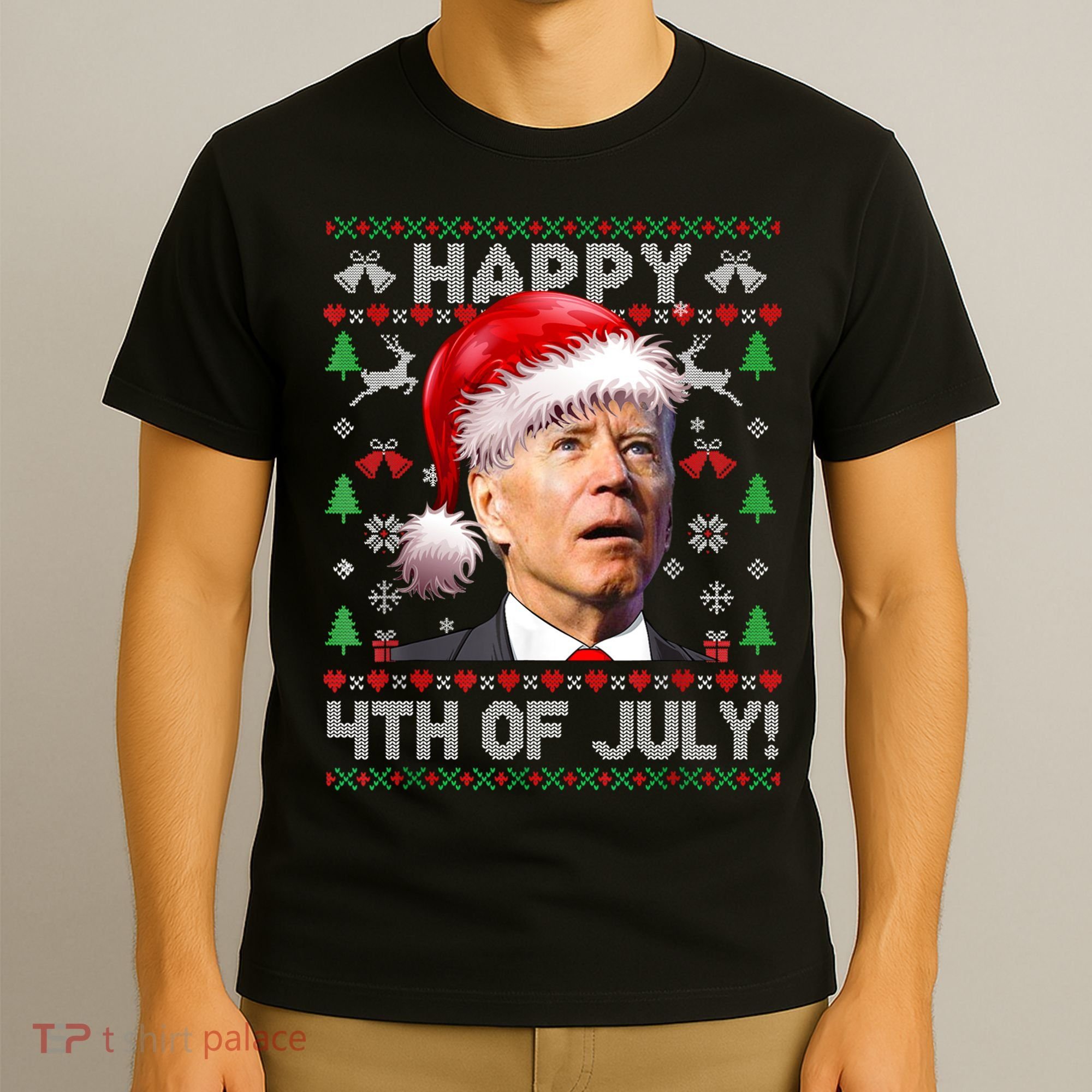 Happy 4th Of July Merry Santa Hat Biden Ugly Christmas T-Shirt