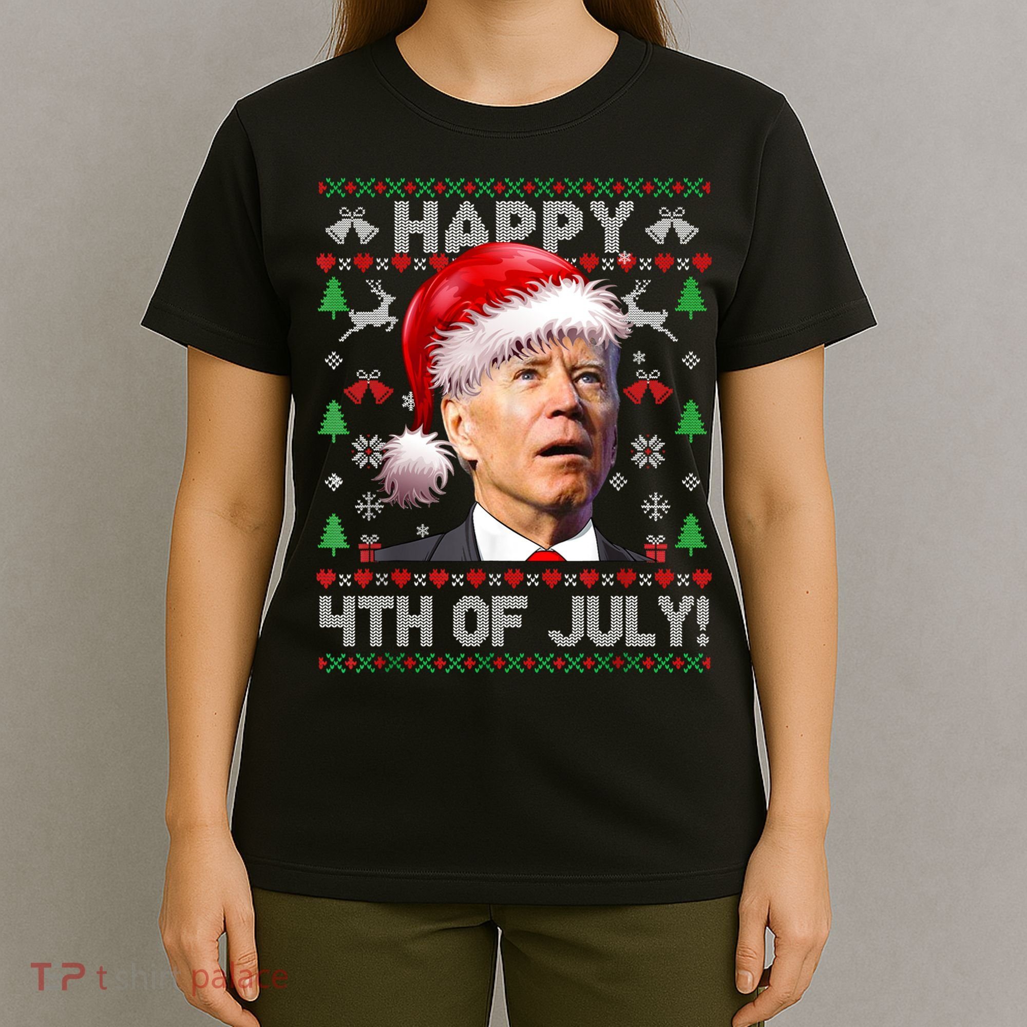 Happy 4th Of July Merry Santa Hat Biden Ugly Christmas T-Shirt