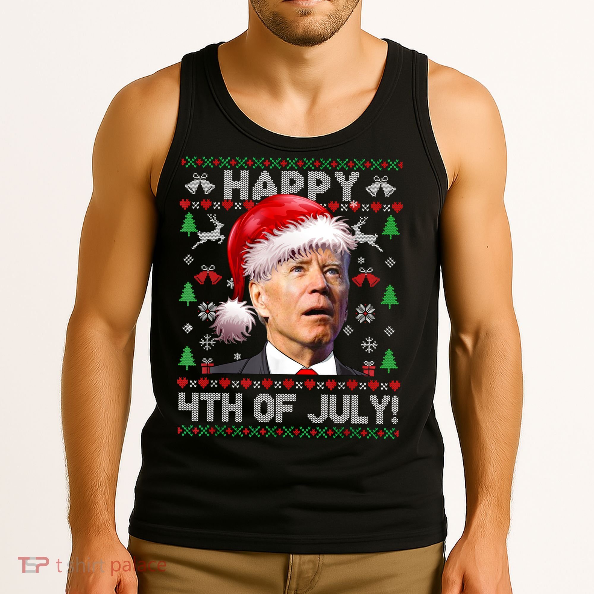 Happy 4th Of July Merry Santa Hat Biden Ugly Christmas Tank Top