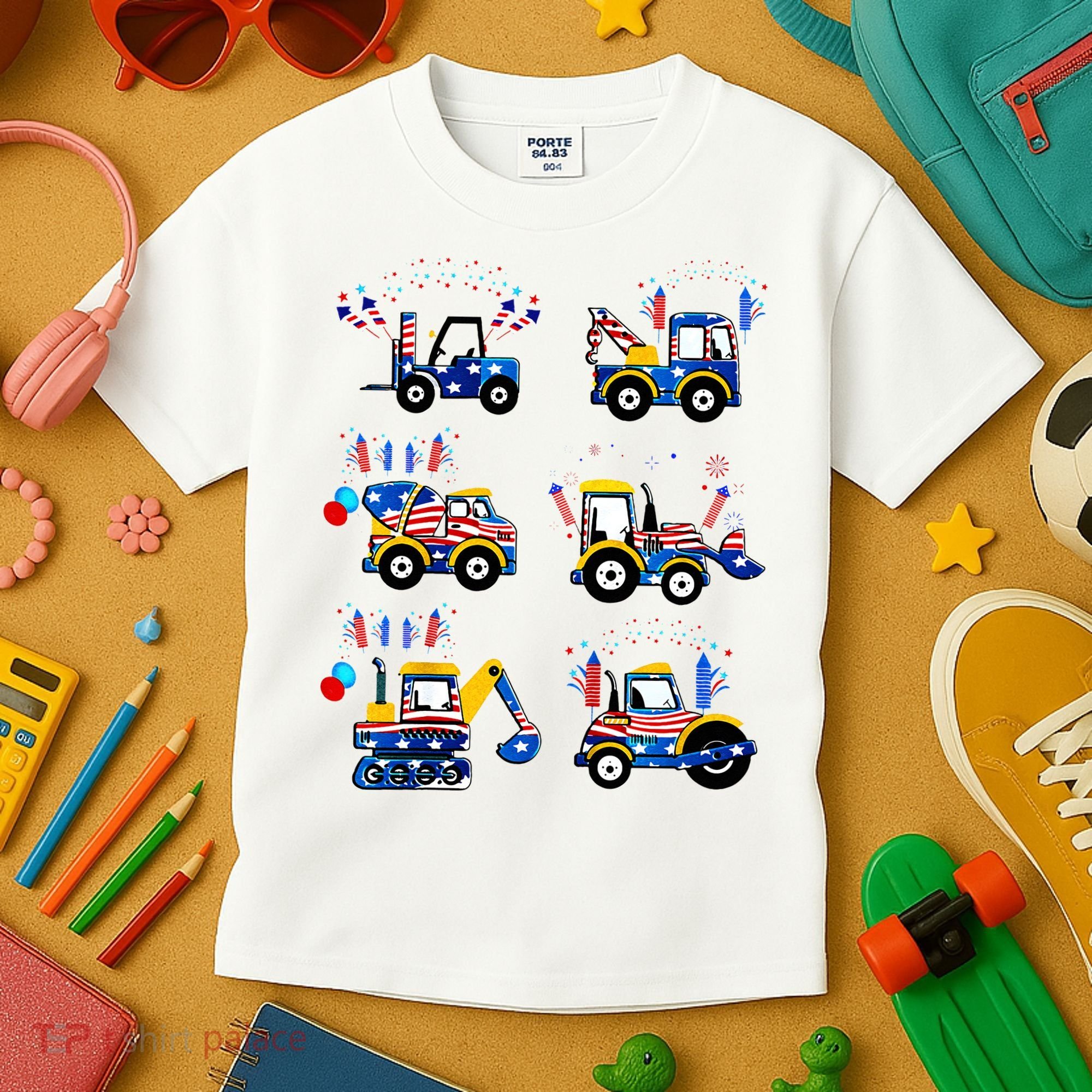 Happy 4th Of July Crane Truck Construction Kids T-Shirt
