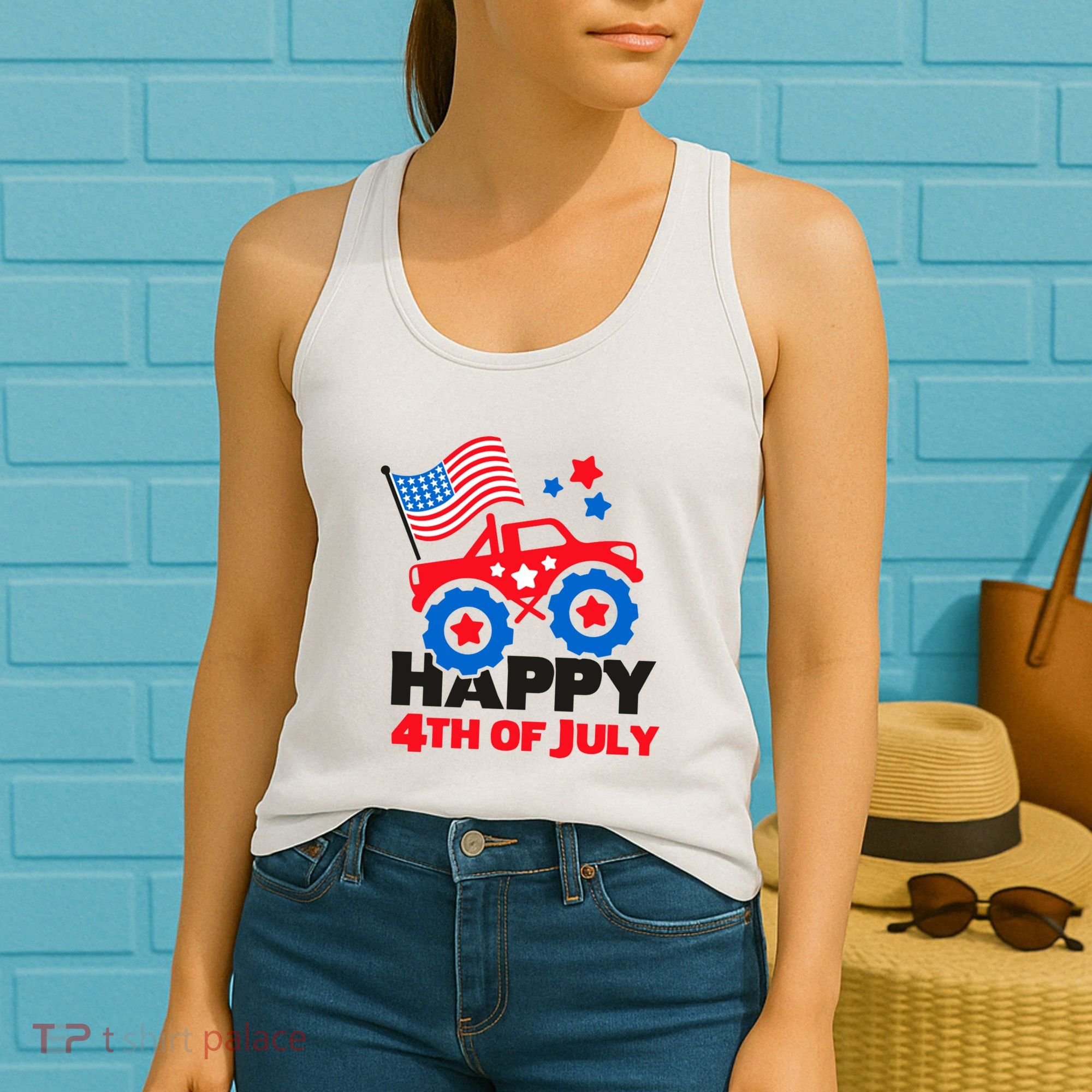 Happy 4th Of July Monster Truck American Flag Women's Tank Top
