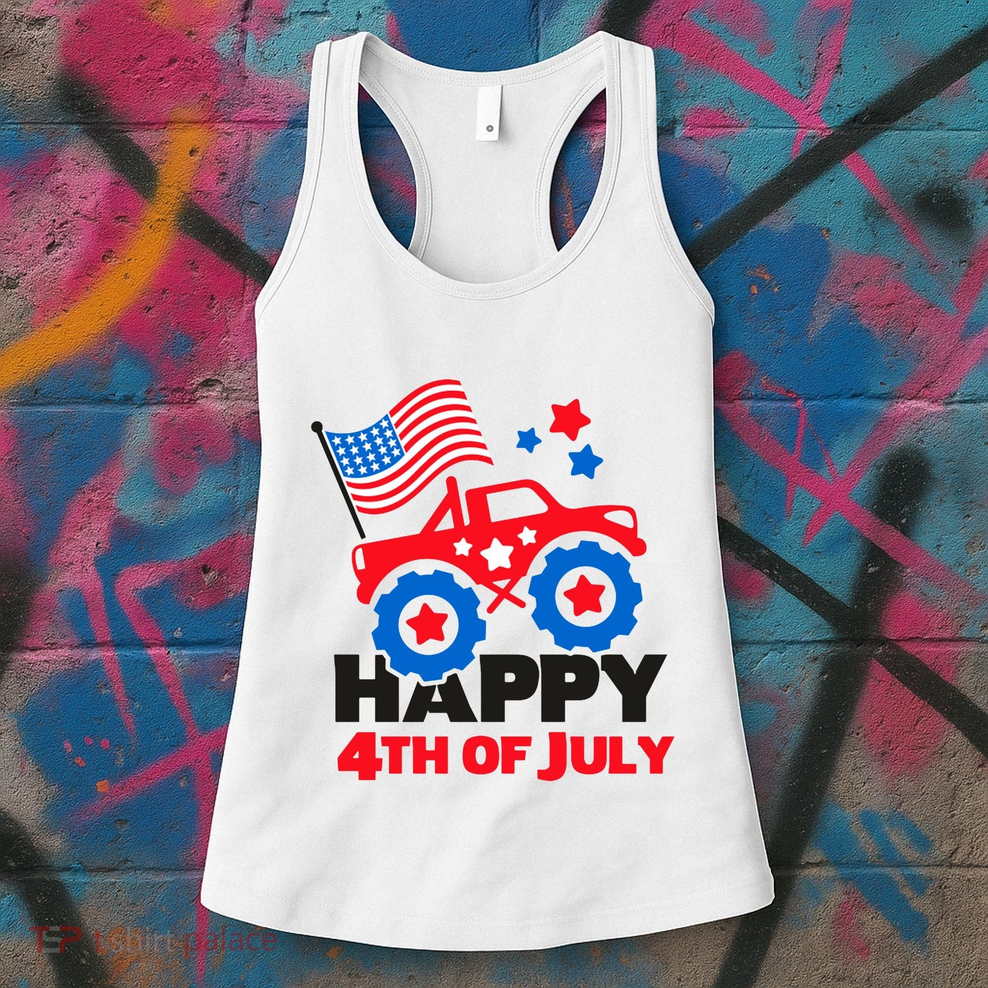 Happy 4th Of July Monster Truck American Flag Women's Tank Top