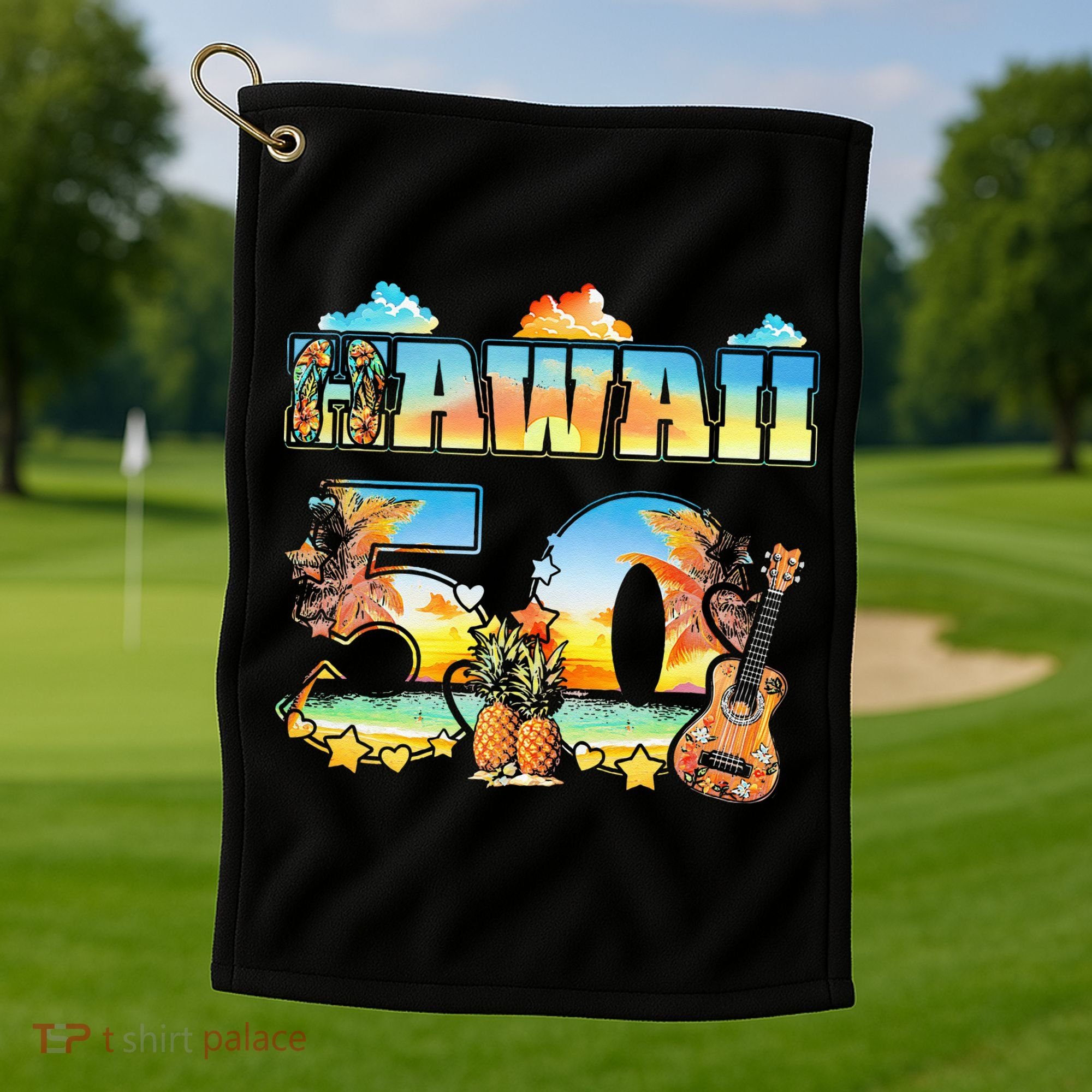 Hawaii 50Th State Hawaiian Beach Hibiscus 50 Maui Sunset Golf Towel