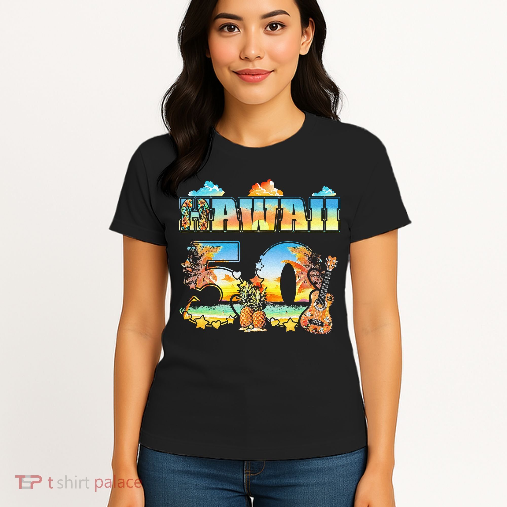 Hawaii 50Th State Hawaiian Beach Hibiscus 50 Maui Sunset Women's T-Shirt
