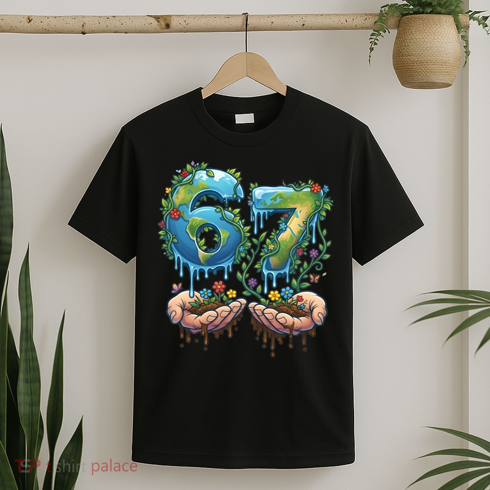 Hand 67 Earth Day 6 7 Six Seven Meme T-Shirt