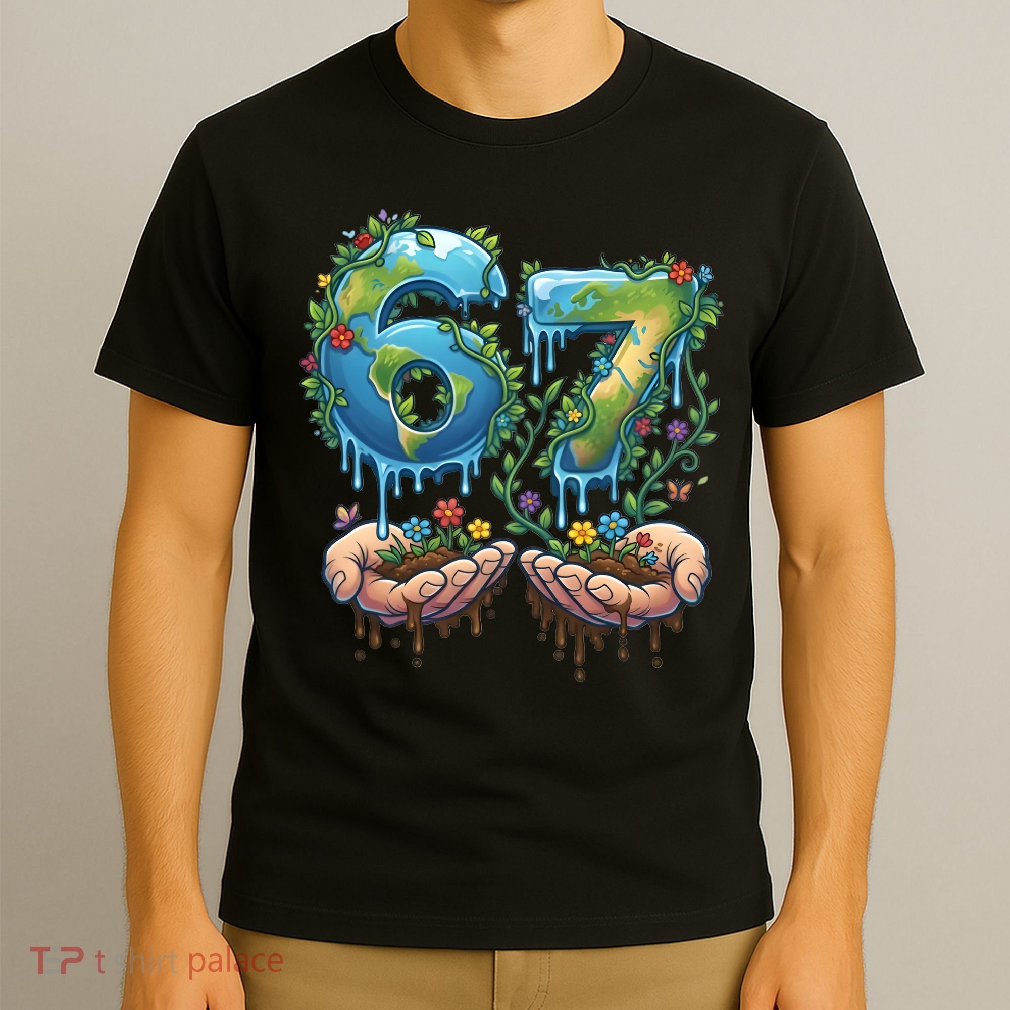 Hand 67 Earth Day 6 7 Six Seven Meme T-Shirt