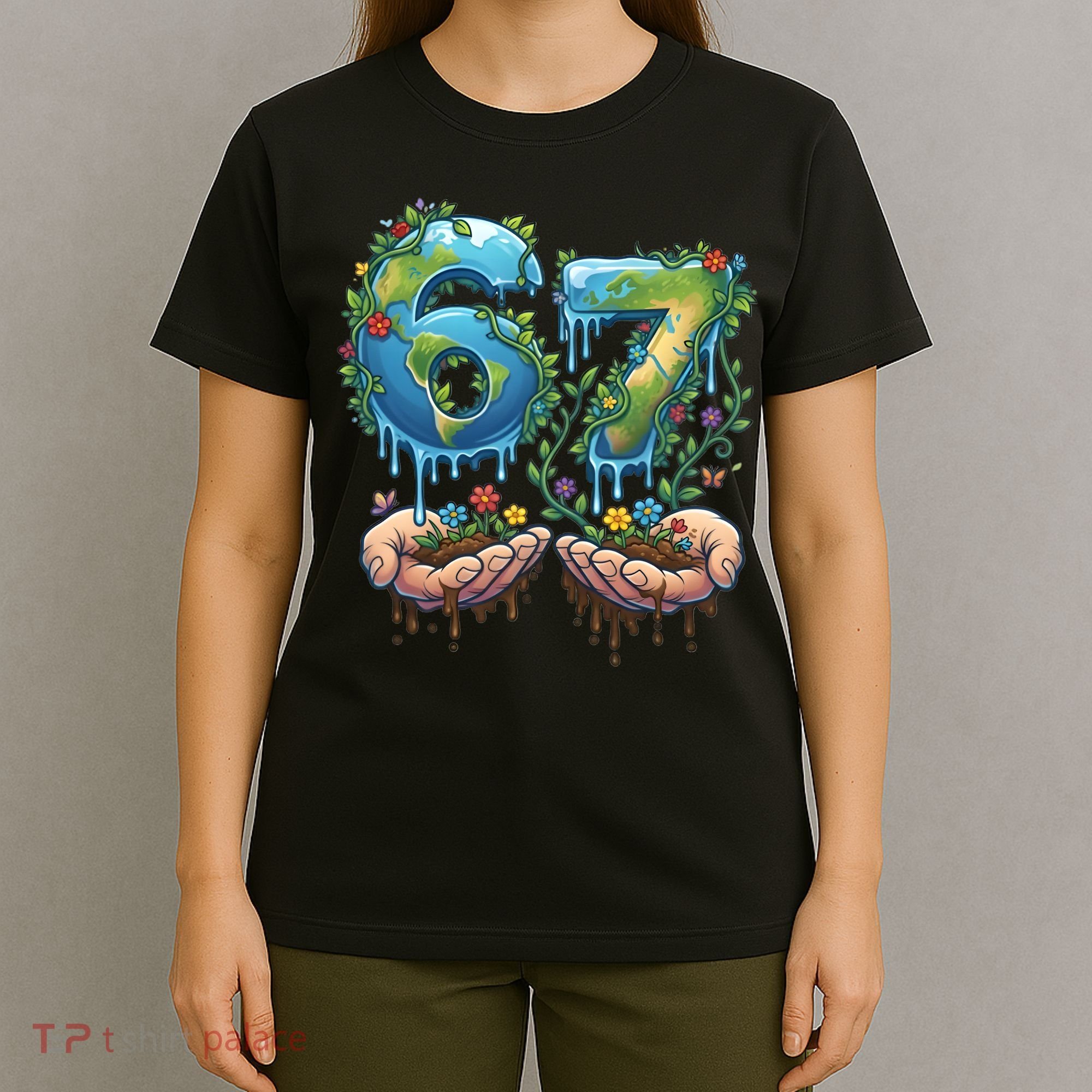 Hand 67 Earth Day 6 7 Six Seven Meme T-Shirt