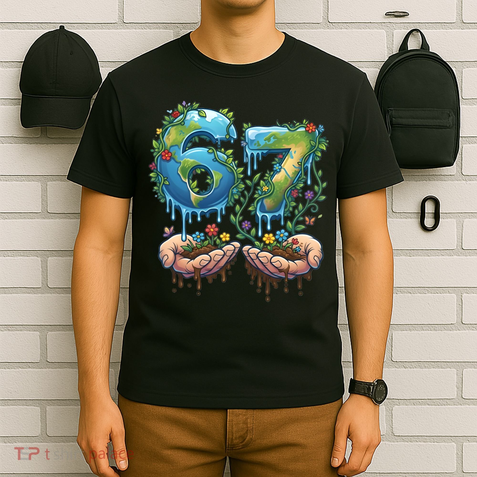 Hand 67 Earth Day 6 7 Six Seven Meme T-Shirt