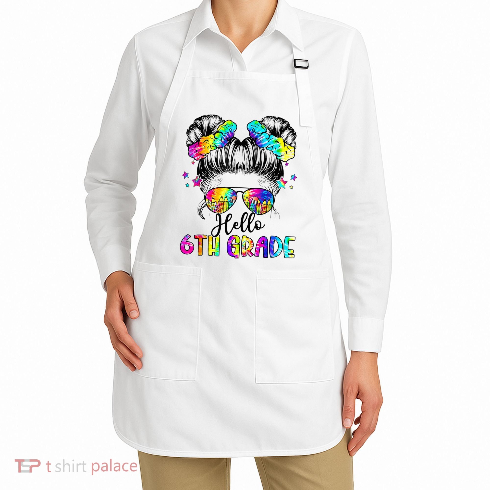 Hello 6th Grade Messy Hair Bun Girl Back To School First Day Apron