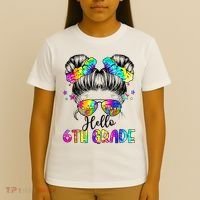 Hello 6th Grade Messy Hair Bun Girl Back To School First Day T-Shirt thumb 4