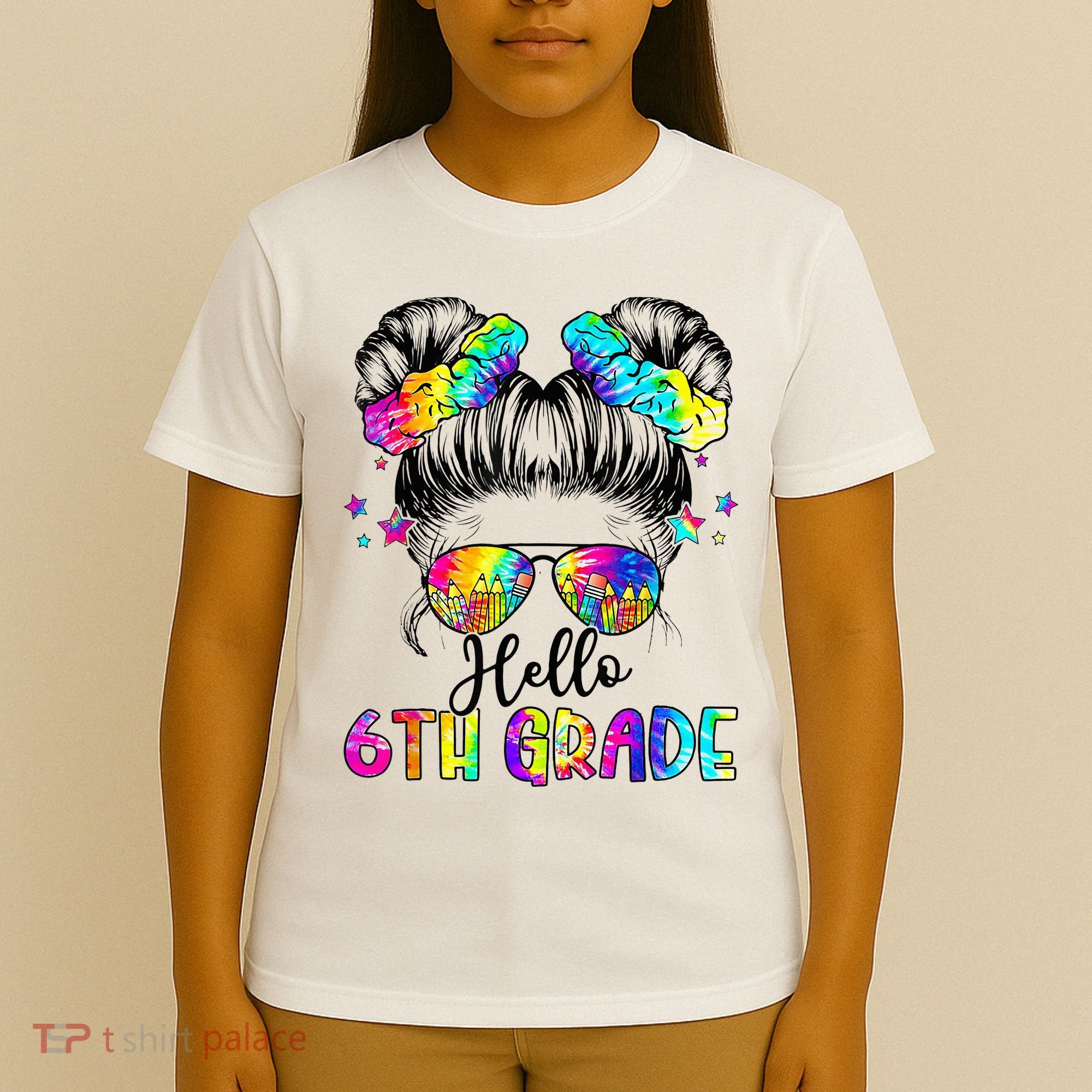 Hello 6th Grade Messy Hair Bun Girl Back To School First Day T-Shirt