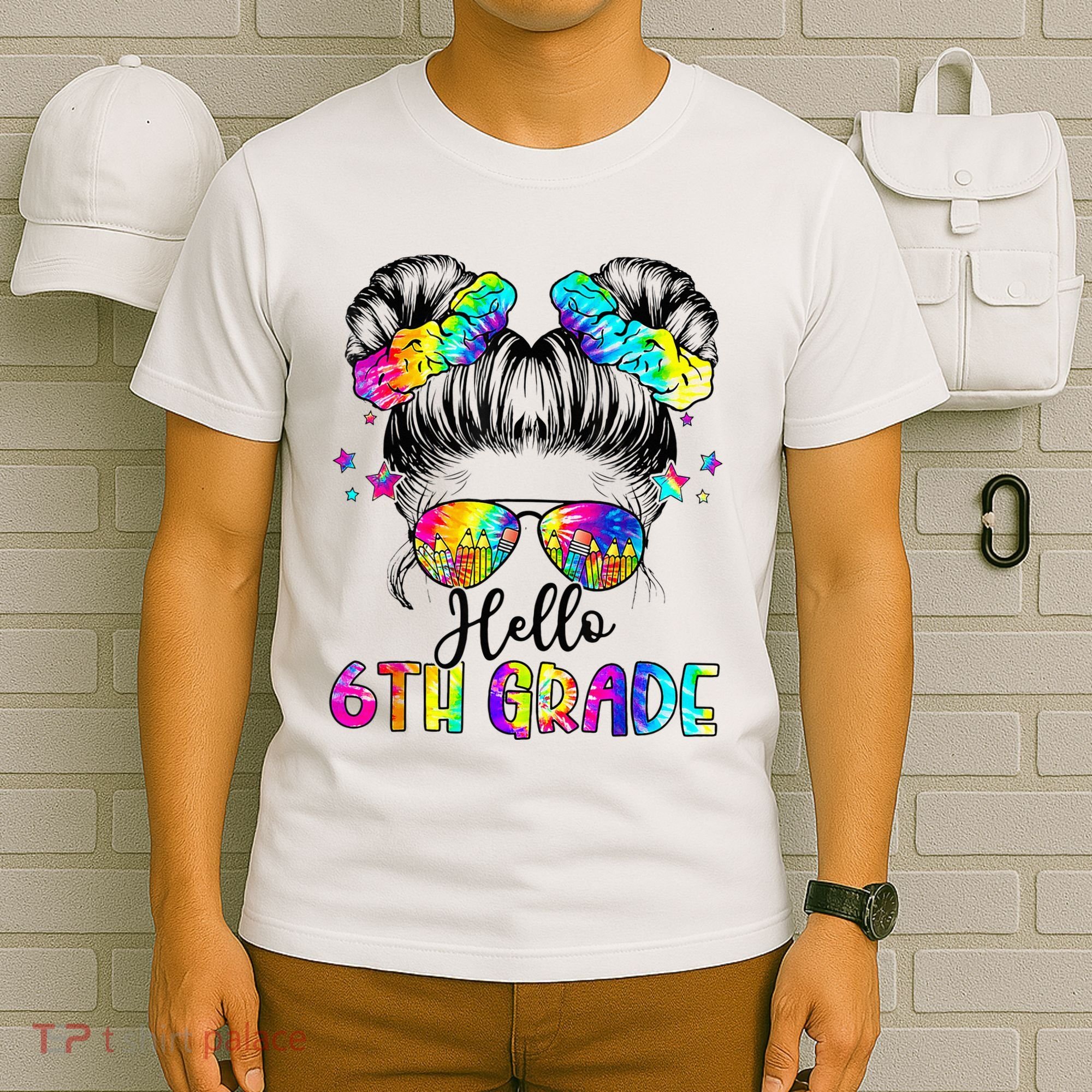 Hello 6th Grade Messy Hair Bun Girl Back To School First Day T-Shirt