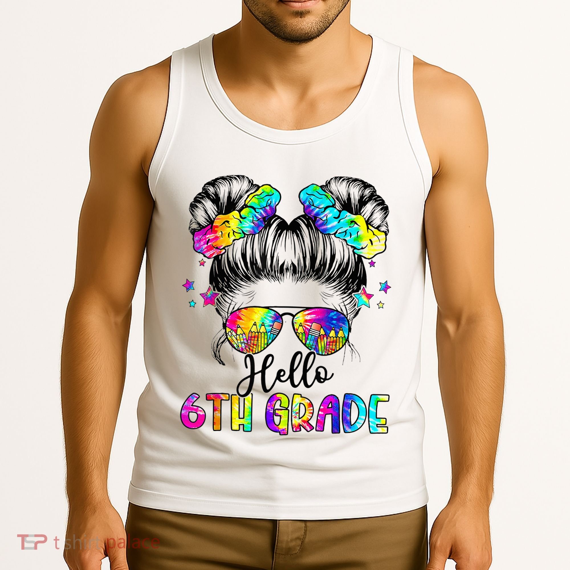 Hello 6th Grade Messy Hair Bun Girl Back To School First Day Tank Top