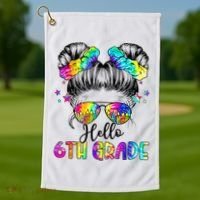Hello 6th Grade Messy Hair Bun Girl Back To School First Day Golf Towel thumb 1