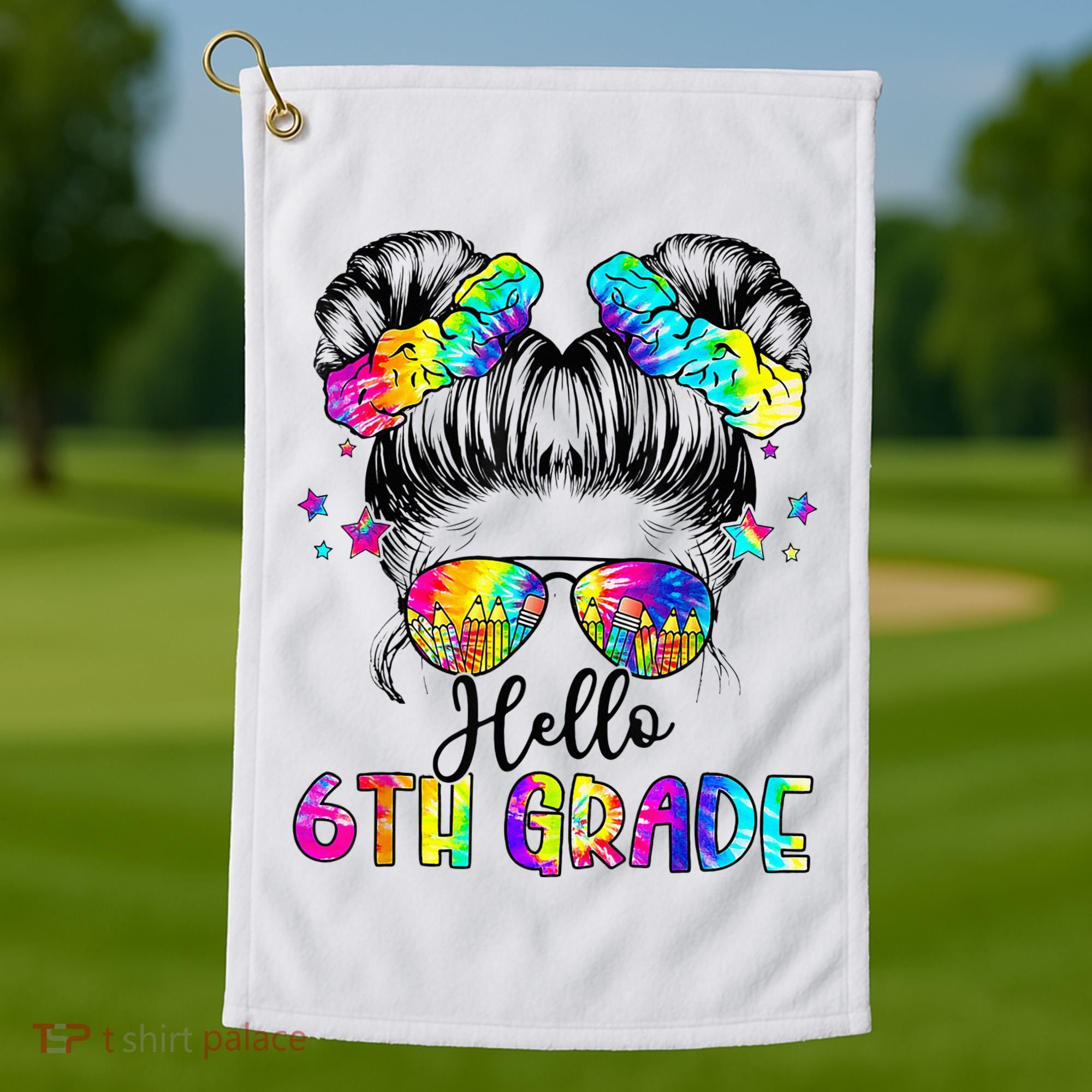 Hello 6th Grade Messy Hair Bun Girl Back To School First Day Golf Towel