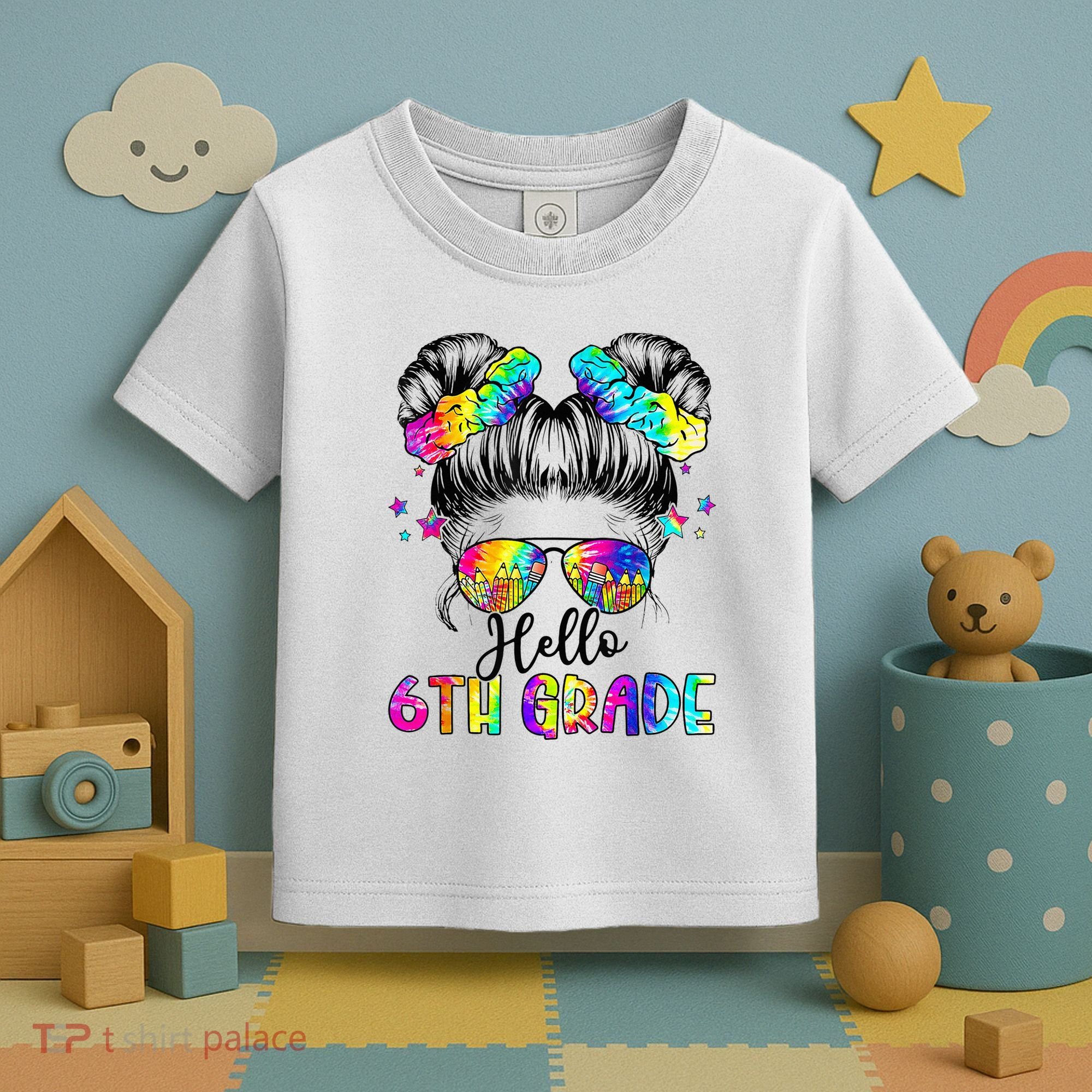 Hello 6th Grade Messy Hair Bun Girl Back To School First Day Toddler T-Shirt