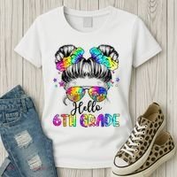 Hello 6th Grade Messy Hair Bun Girl Back To School First Day Women's T-Shirt thumb 3