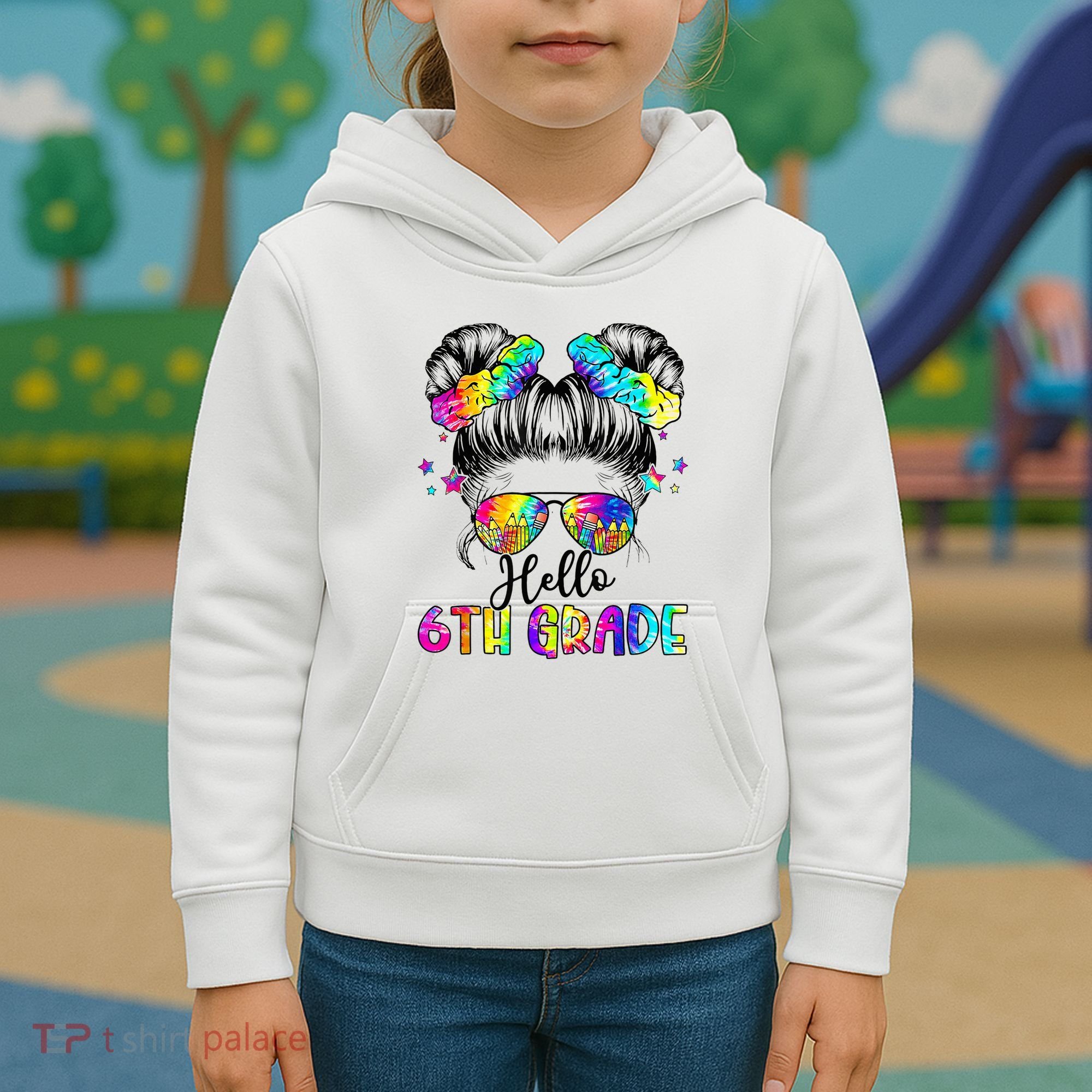 Hello 6th Grade Messy Hair Bun Girl Back To School First Day Kids Hoodie