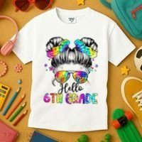 Hello 6th Grade Messy Hair Bun Girl Back To School First Day Kids T-Shirt thumb 3