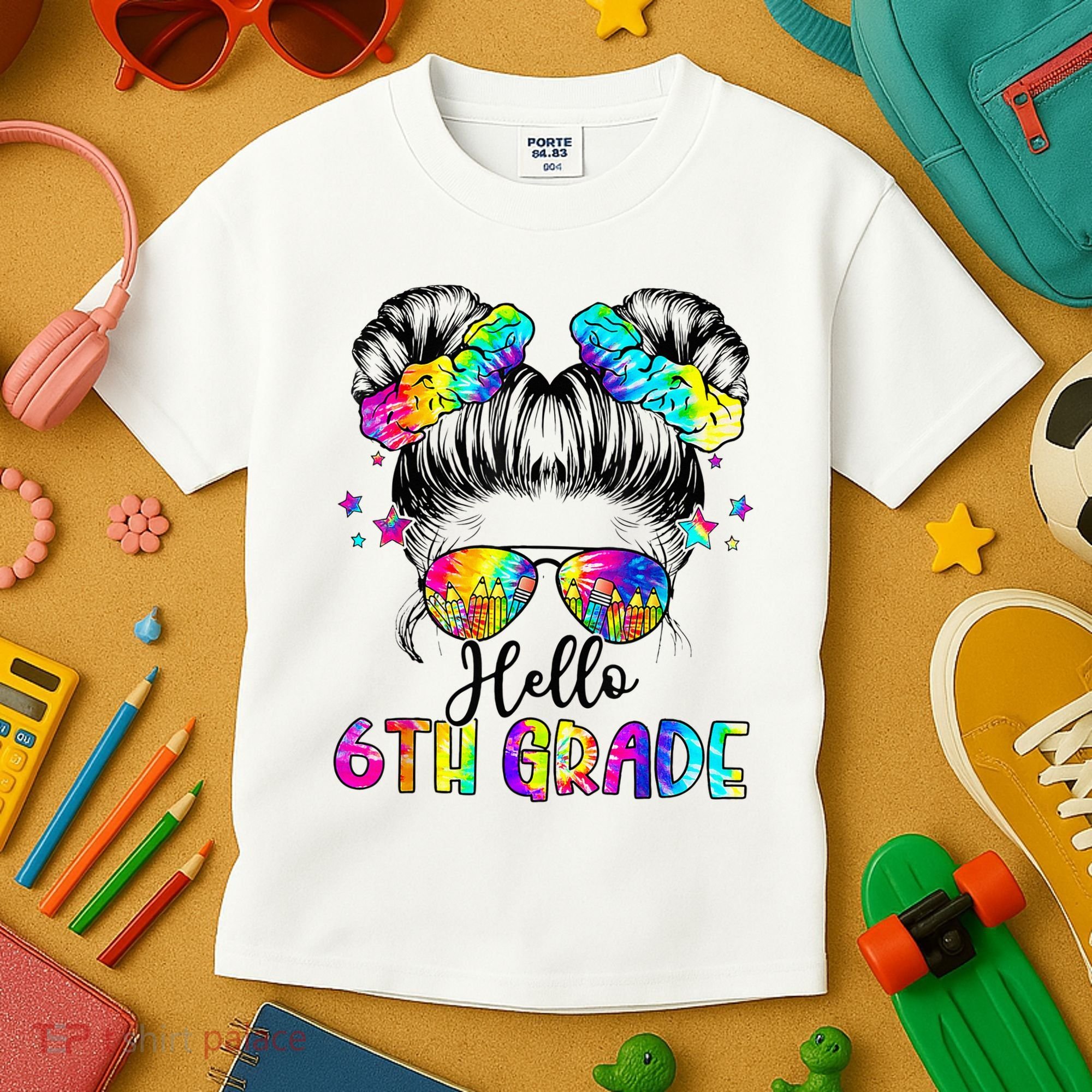 Hello 6th Grade Messy Hair Bun Girl Back To School First Day Kids T-Shirt