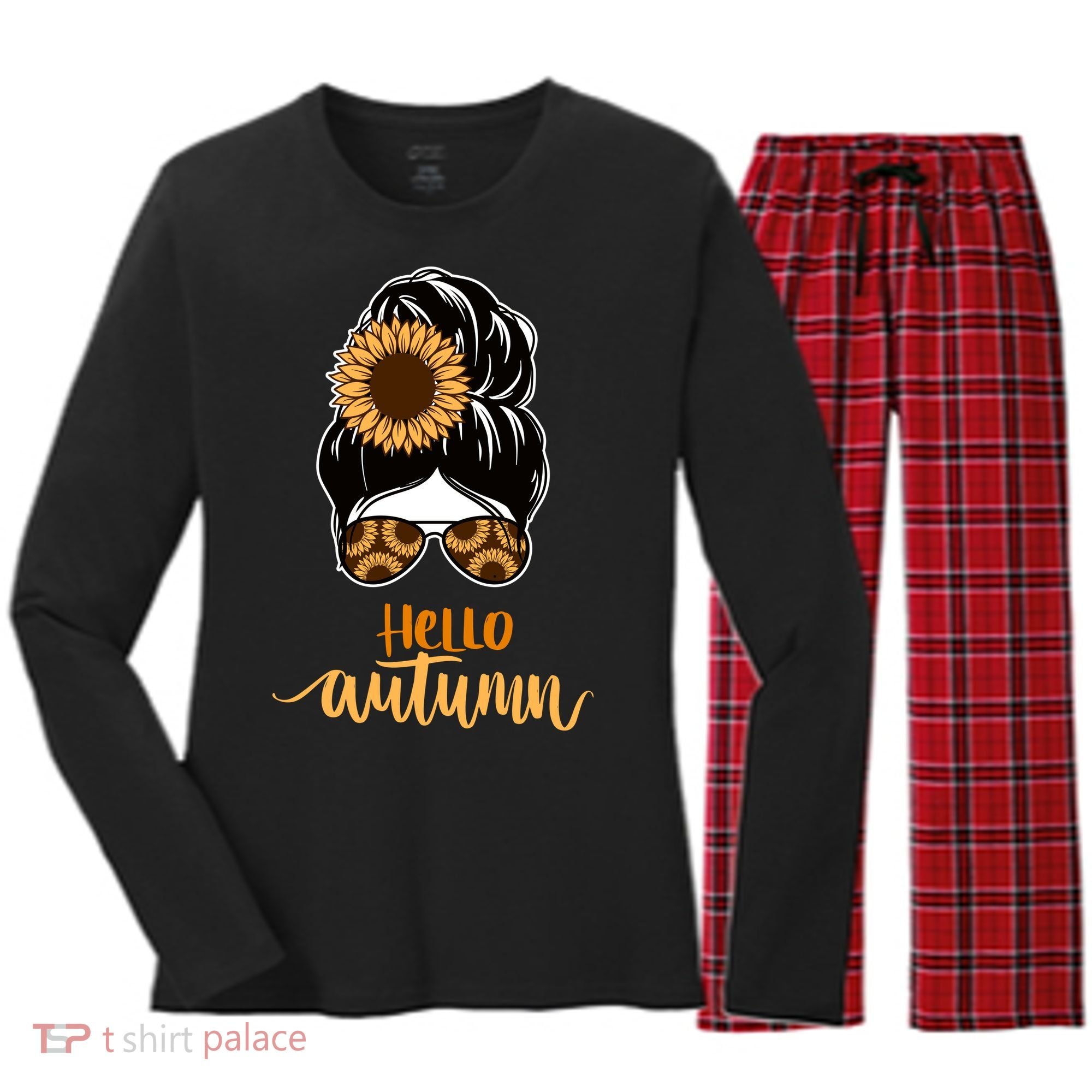Hello Autumn Cute Bun Fall Floral Women's Long Sleeve Flannel Pajama Set 