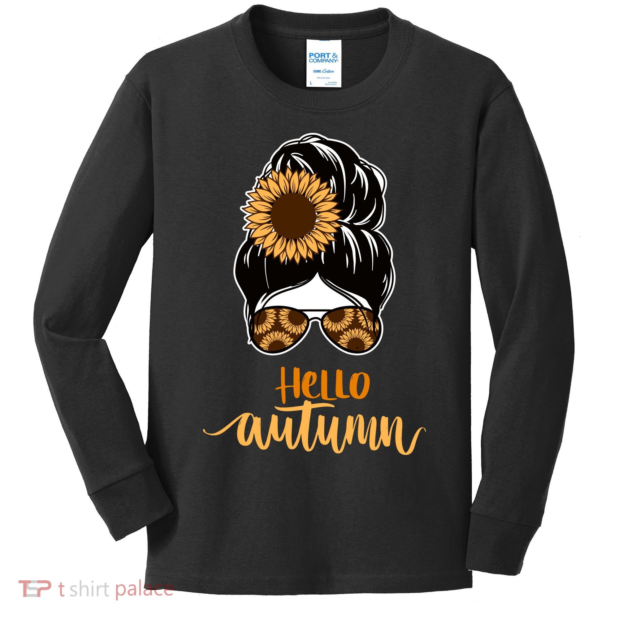 Hello Autumn Cute Bun Fall Floral Kids Long Sleeve Shirt