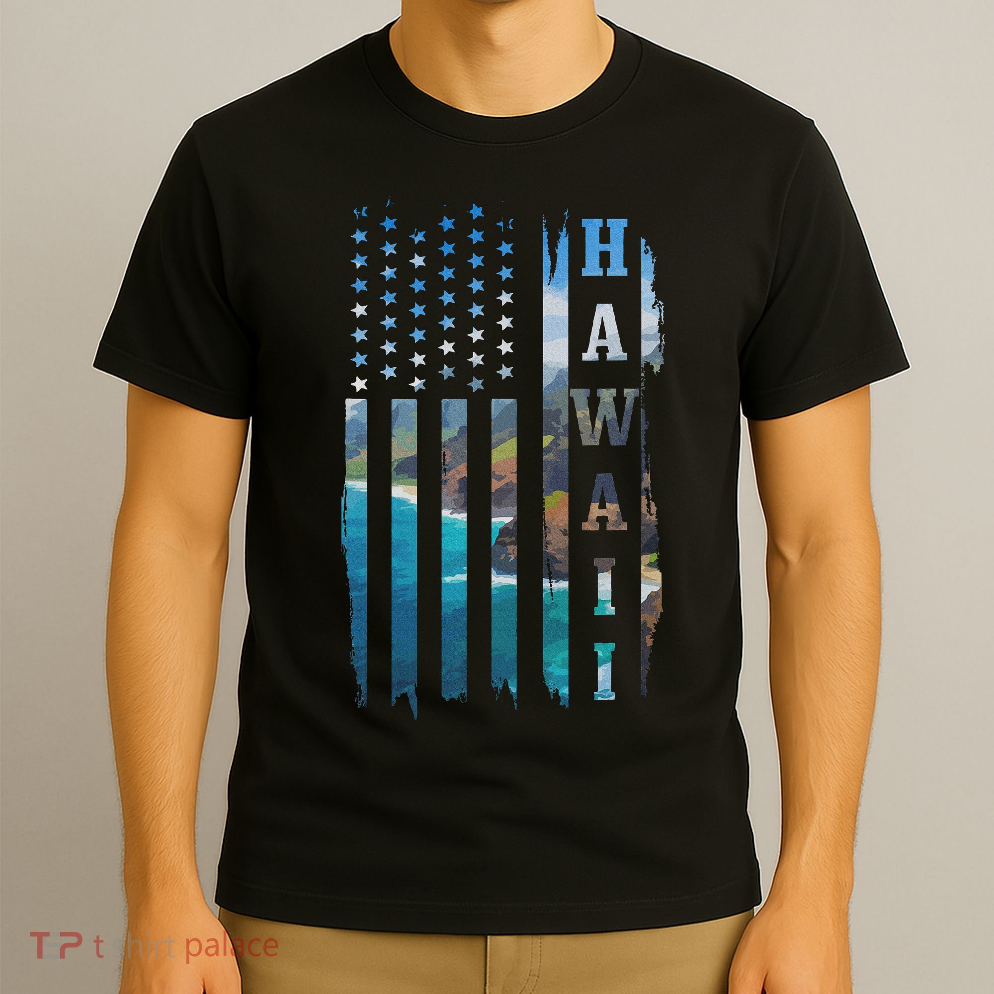 Hawaii American Flag Pride Landscape Surfer Patriotic Gift T-Shirt