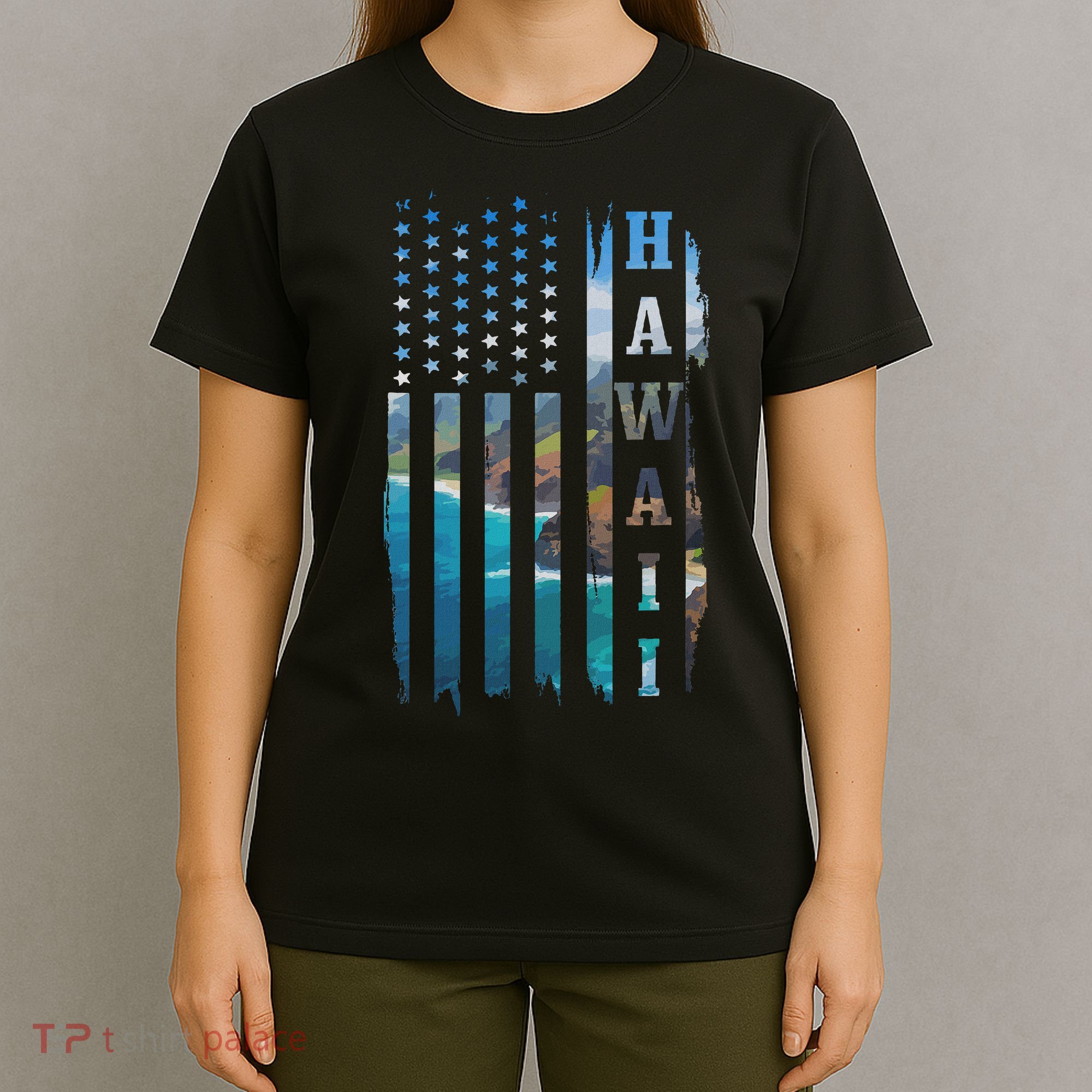 Hawaii American Flag Pride Landscape Surfer Patriotic Gift T-Shirt