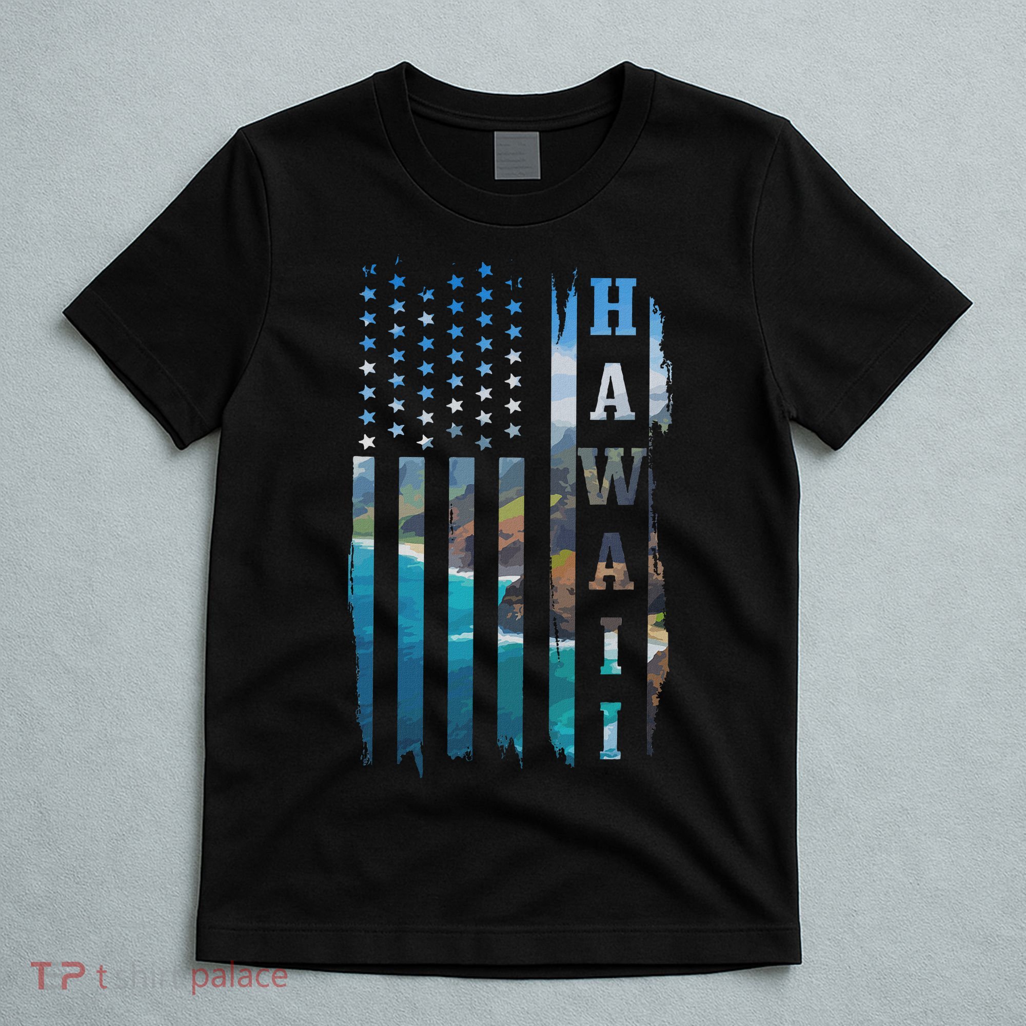 Hawaii American Flag Pride Landscape Surfer Patriotic Gift T-Shirt