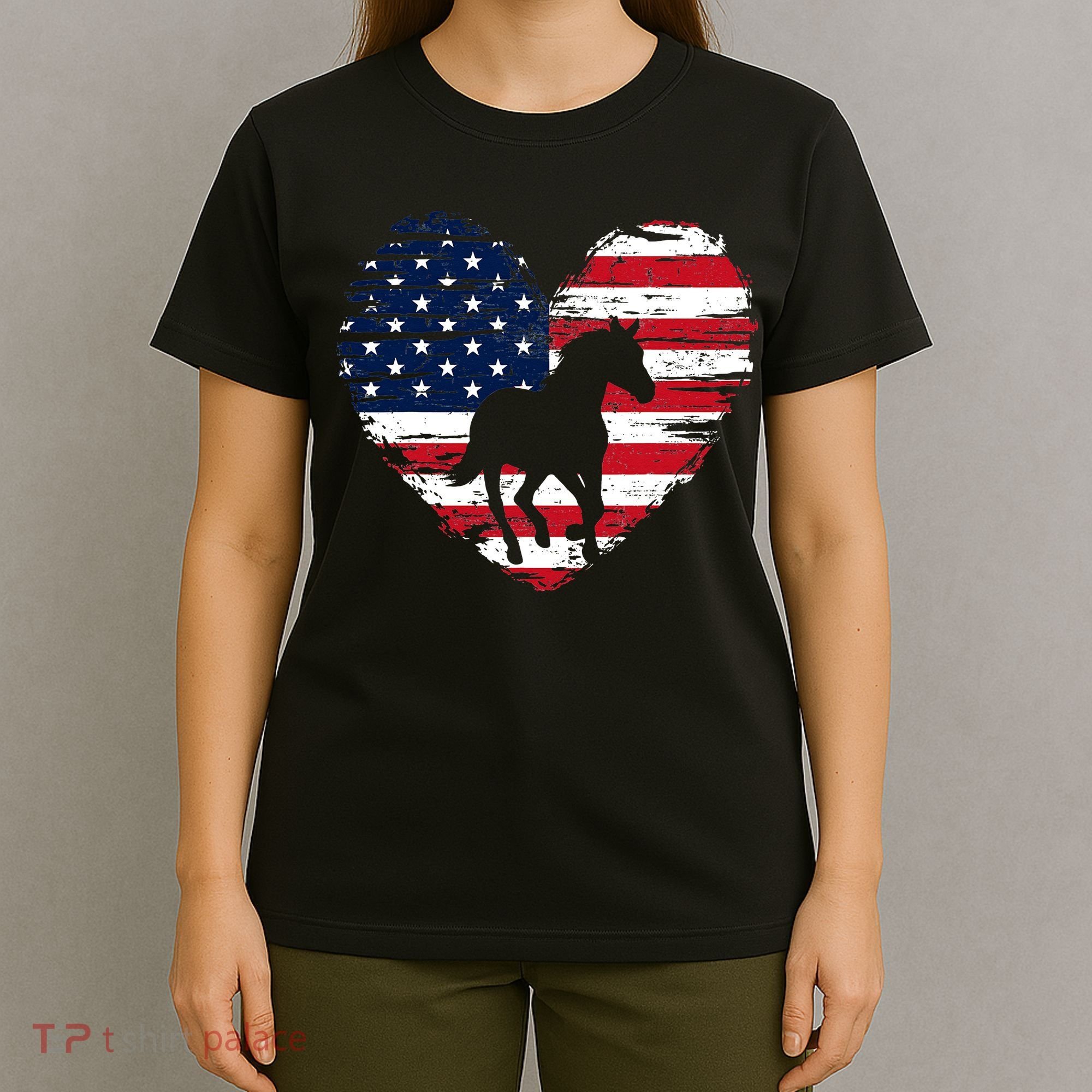 Horse American Flag Heart 4th of July USA Patriotic Pride T-Shirt
