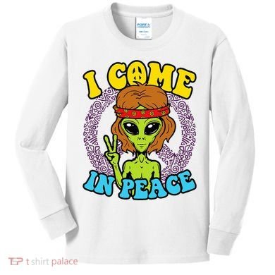 Hippie Alien I Come In Peace Sign Kids Long Sleeve Shirt