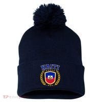 Haiti Flag Crest Shield Logo Pom Pom 12in Knit Beanie thumb 0