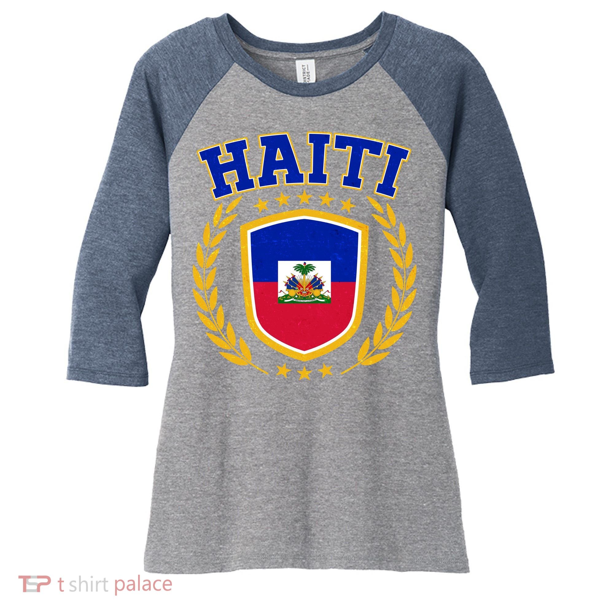 Haiti Flag Crest Shield Logo Women's Tri-Blend 3/4-Sleeve Raglan Shirt