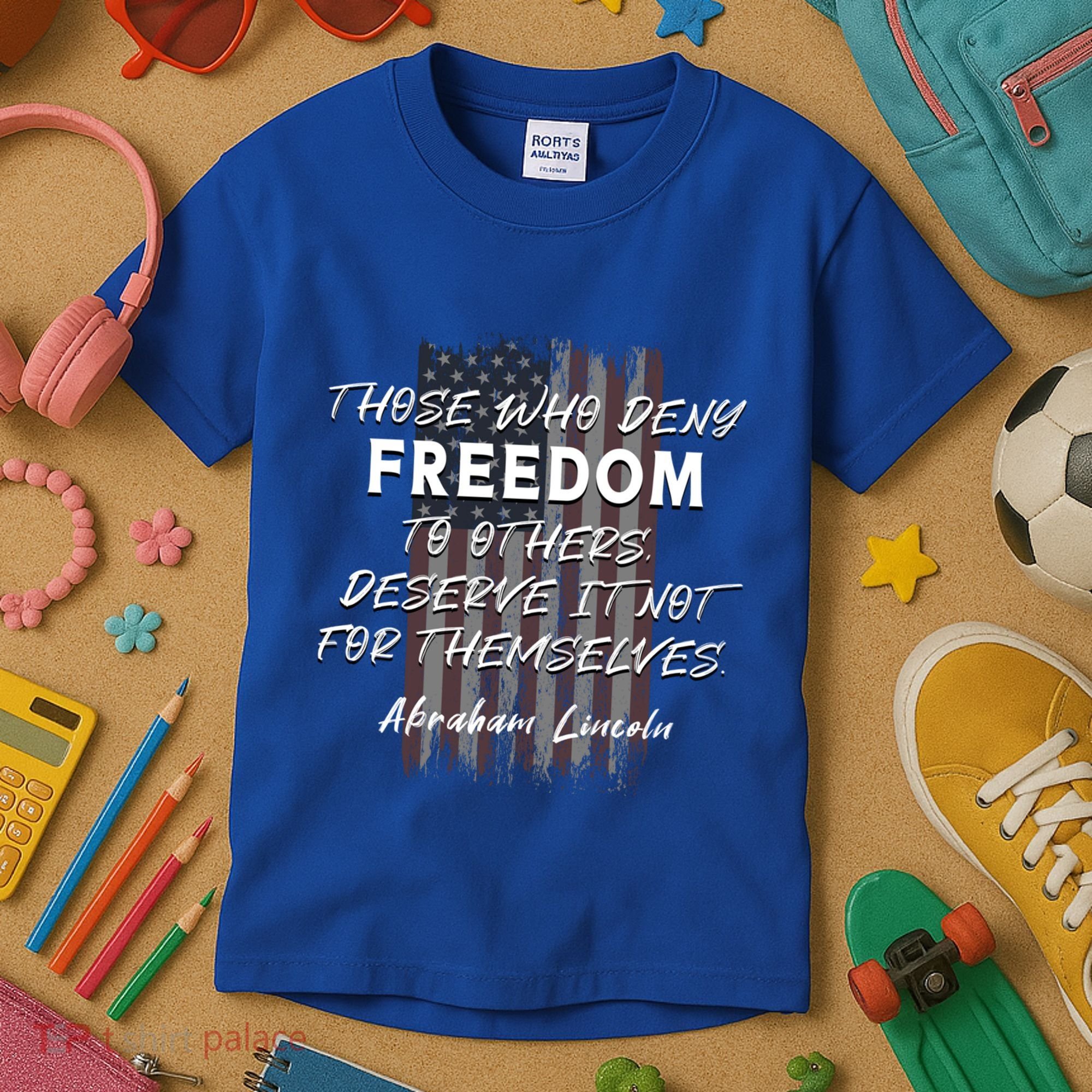 Historical Abraham Lincoln Freedom Quote With American Flag Great Gift Kids T-Shirt