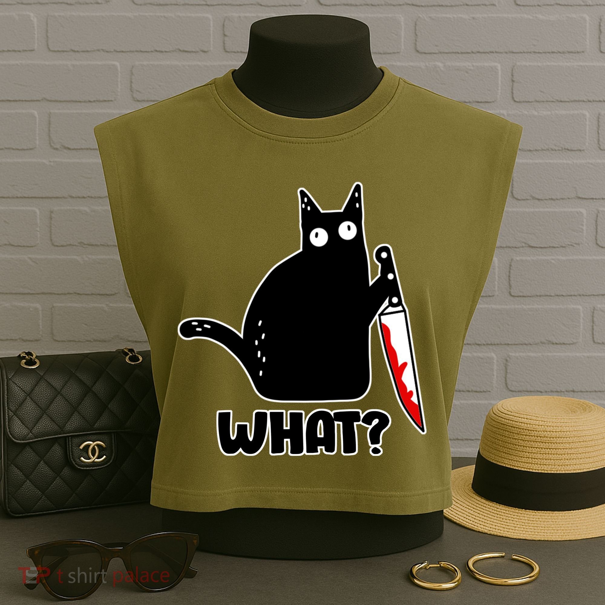 Halloween Cat what? Bloody Knife Garment-Dyed Women's Muscle Tee