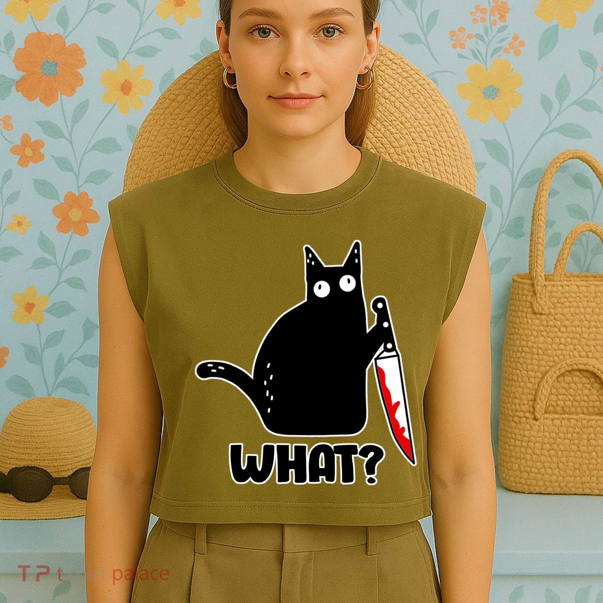 Halloween Cat what? Bloody Knife Garment-Dyed Women's Muscle Tee